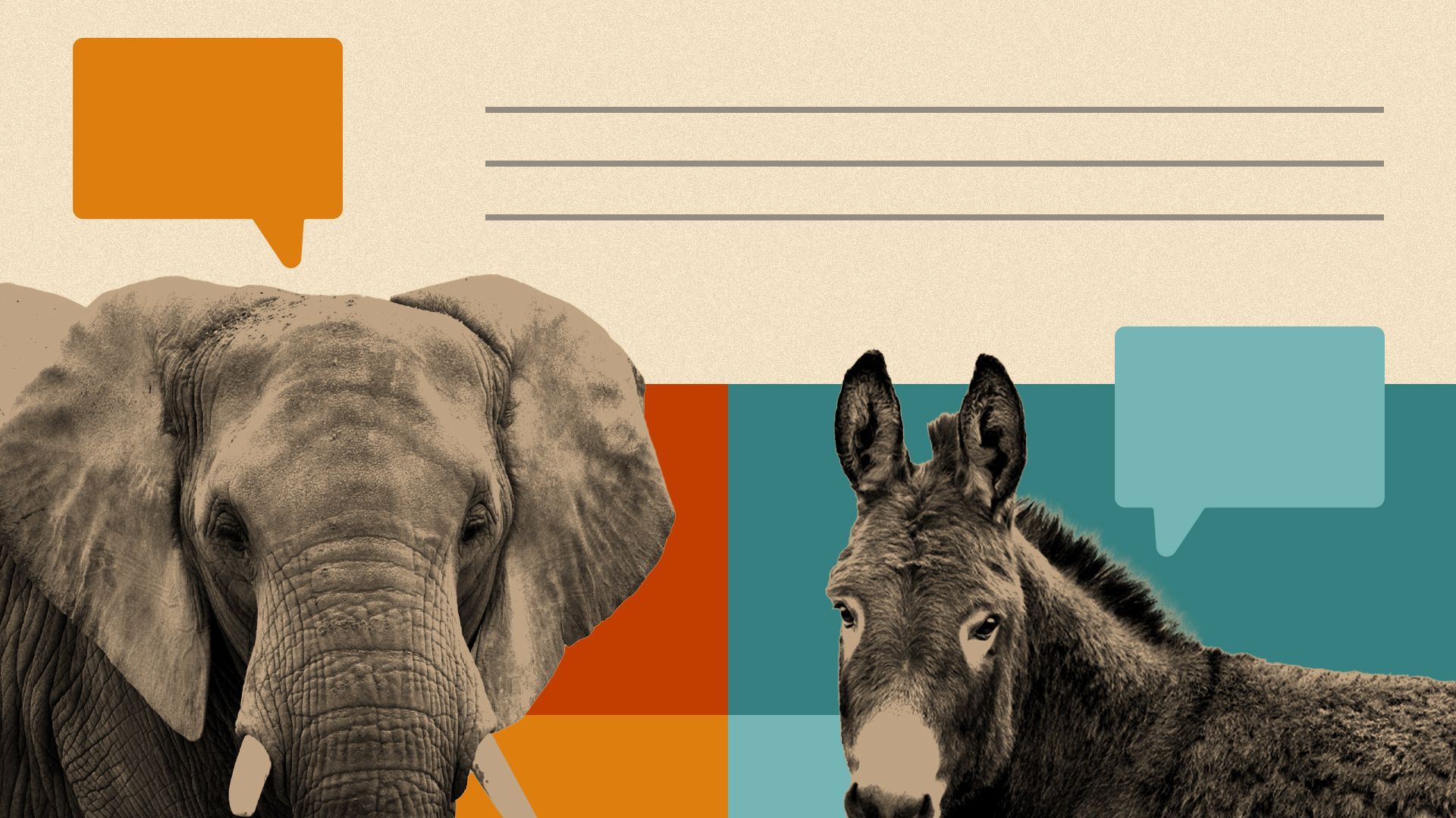 Illustration of a donkey and an elephant each with a speech bubble.