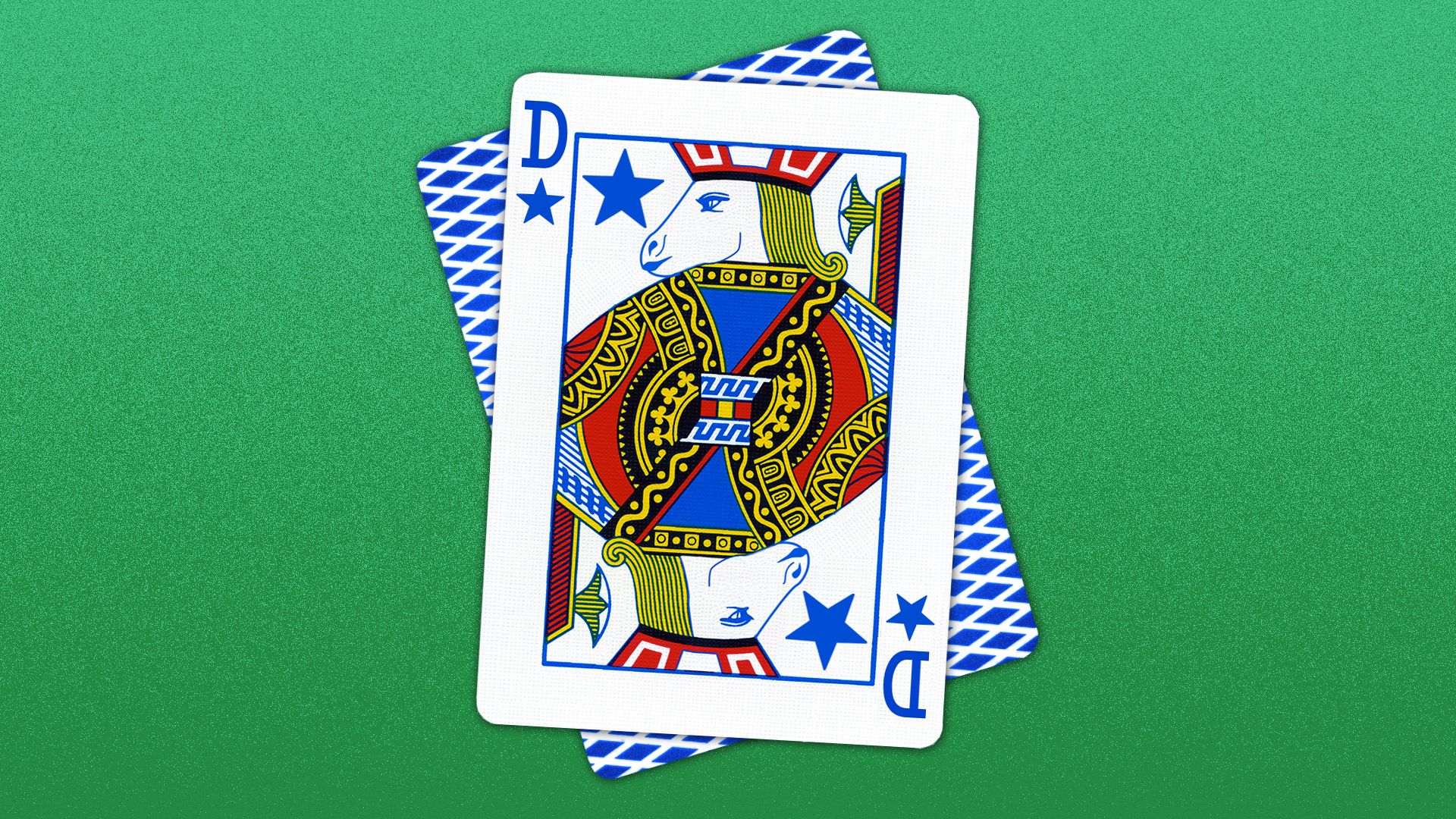 Illustration of a face playing card with a donkey as the character. The letter "D" is in place of the card number and a star is in place of the suite.