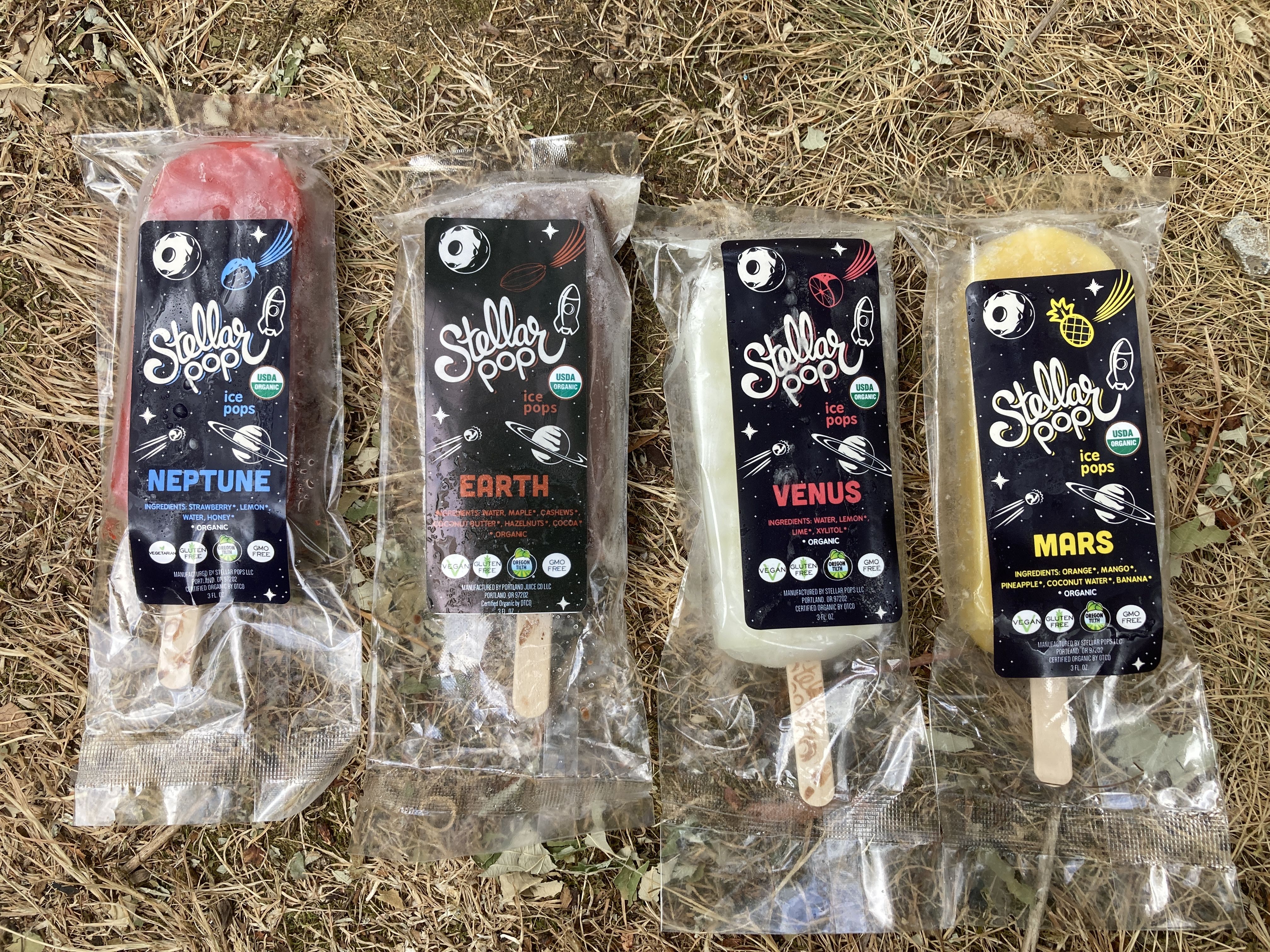 Four popsicles in wrappers with a black sticker that says Stellar Pop lined up on a background of dried grass. 