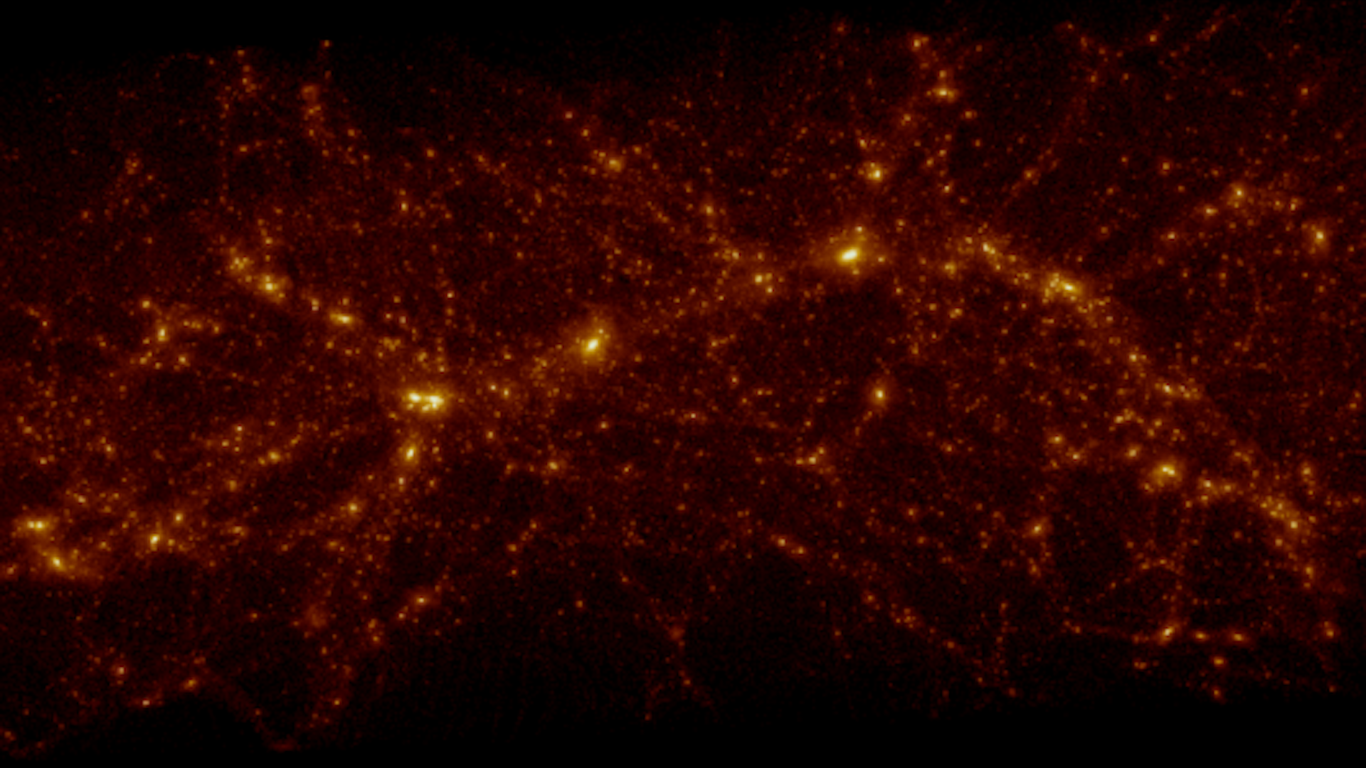 Screenshots of the simulation showing matter distribution in the universe