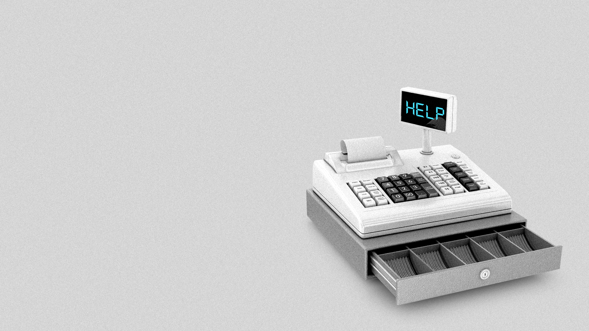 Illustration of an empty cash register with it's display flashing "HELP".