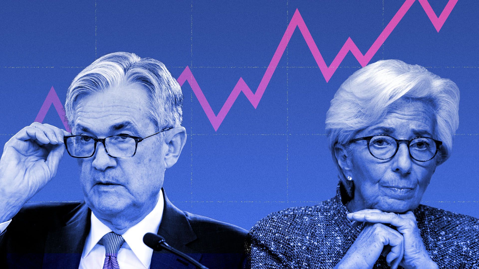 Photo illustration of Jerome Powell and Christine Lagarde with an upward trend line in the background