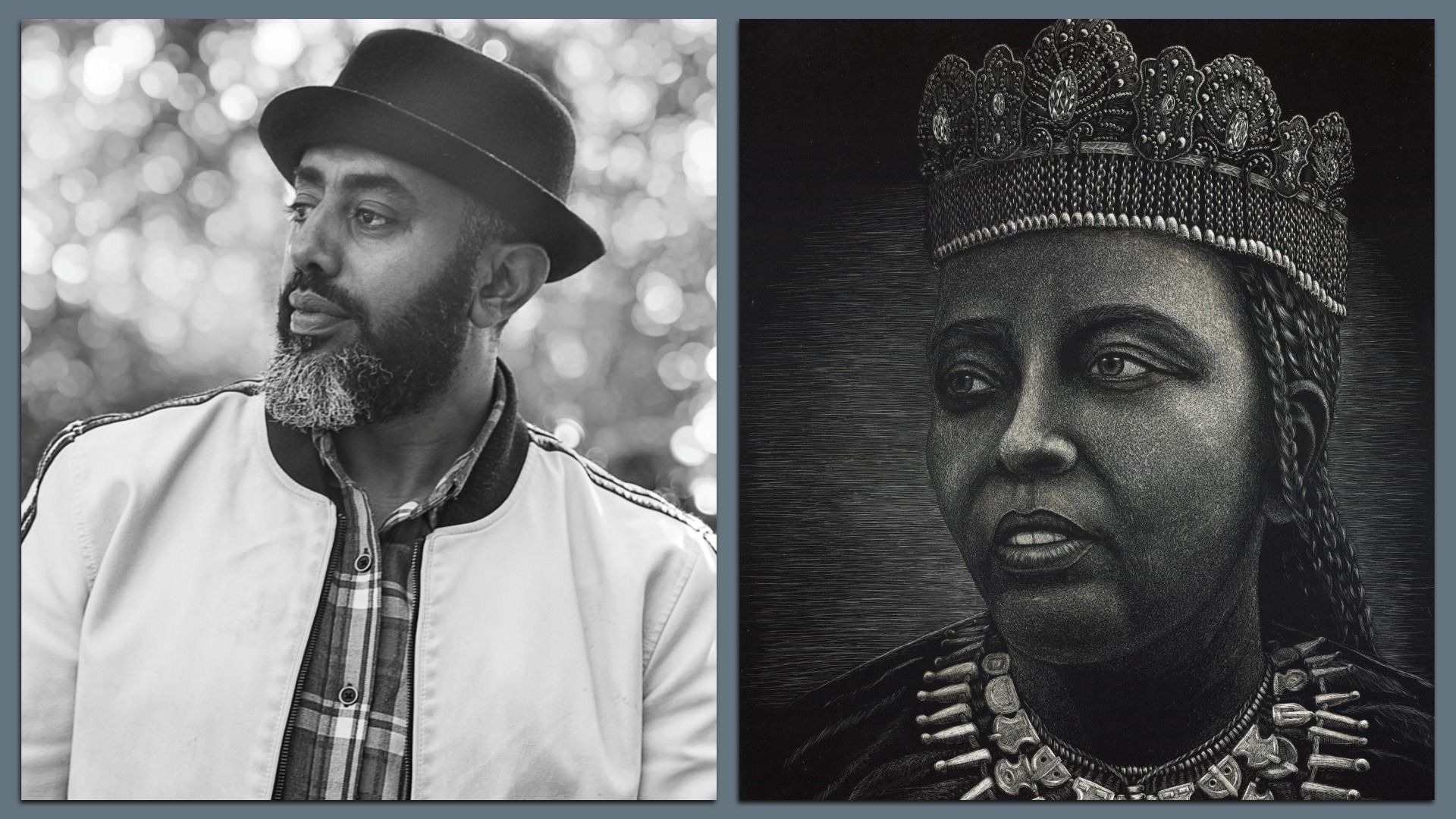 Left: Black and white photo of a man with a beard and mustache wearing a black hat, plaid shirt, and light jacket, looking left. Right: Detailed black and white illustration of a woman with a crown and necklace.