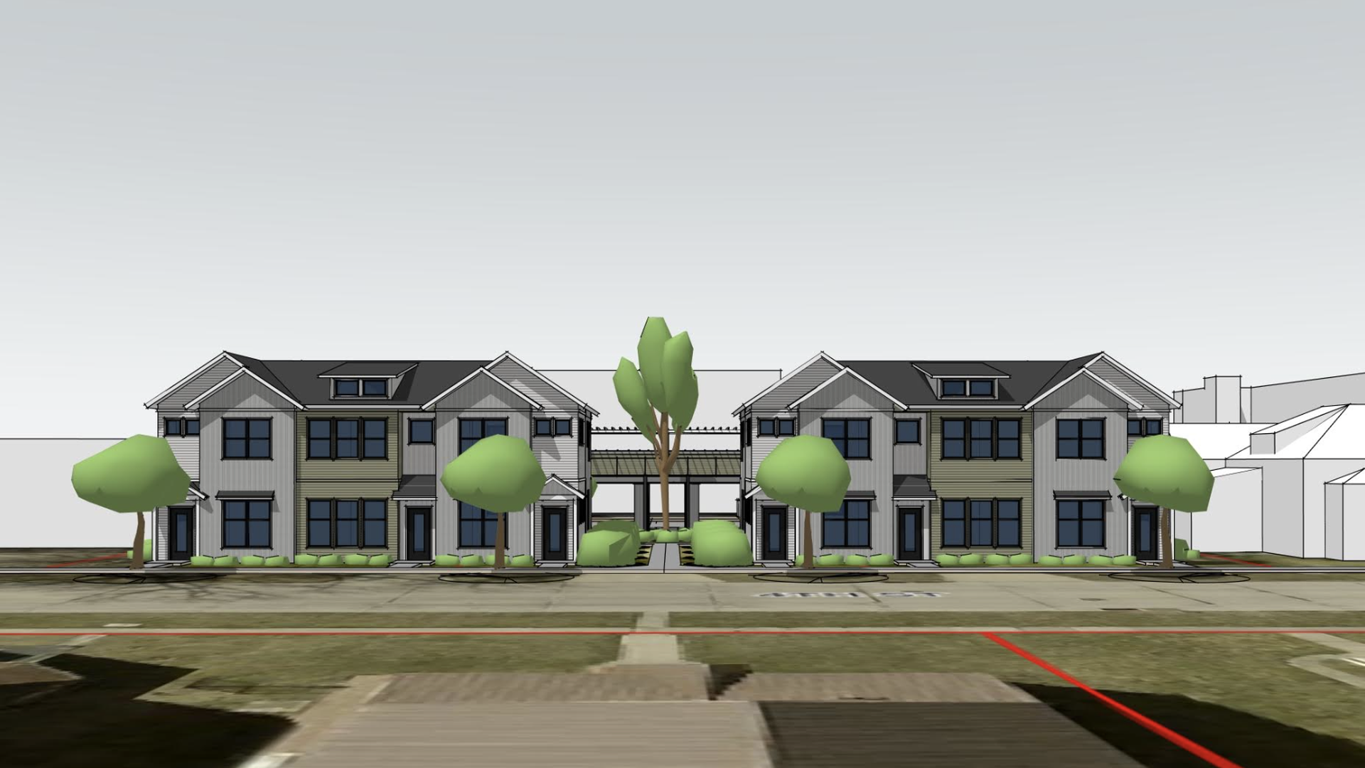 Rendering of two connected two-story residential buildings with gray siding, green bushes, and trees in front, separated by a walkway and connected by an overhead structure.