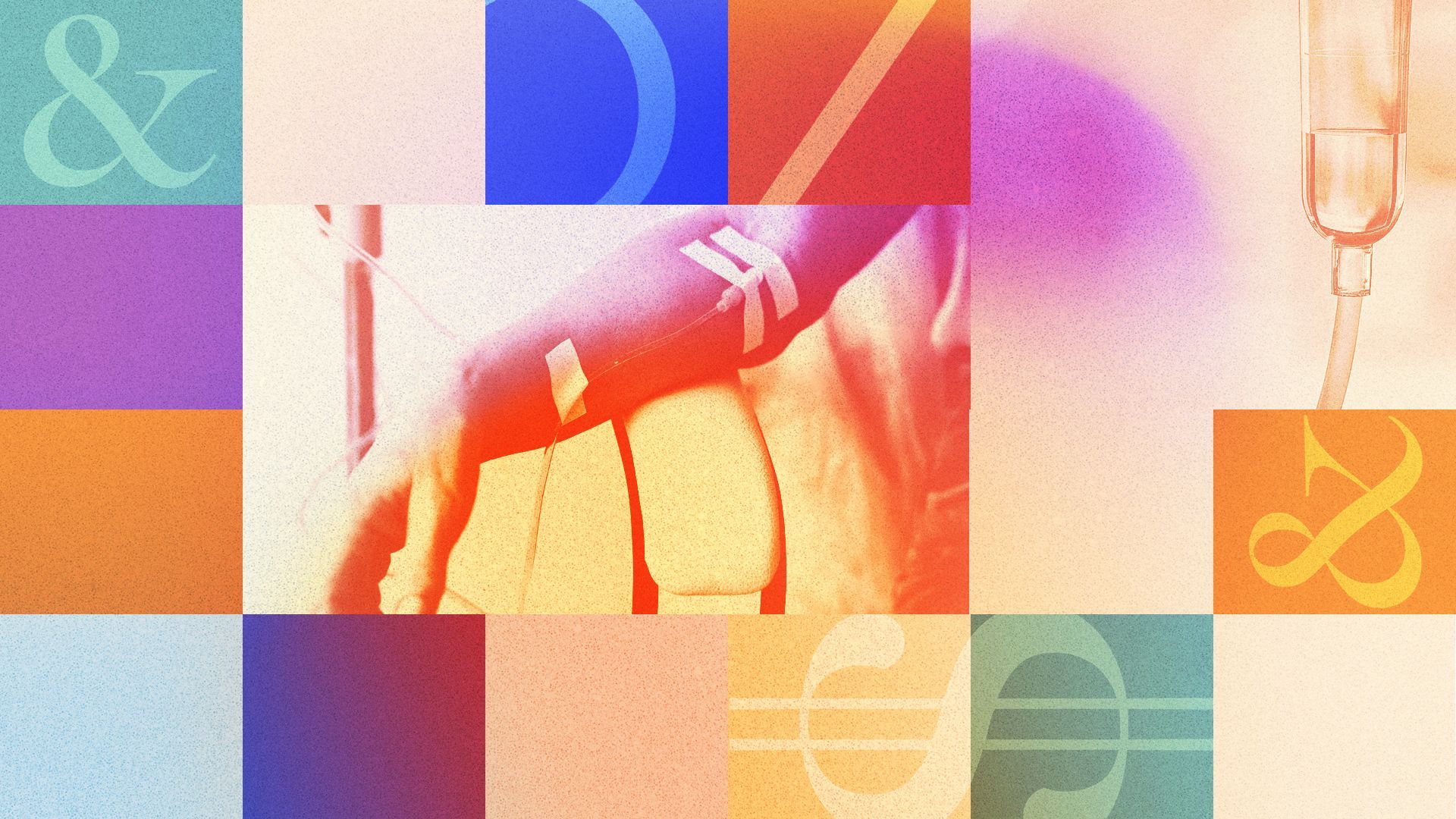 Illustrated collage featuring a person getting a transfusion and an IV, with dollar signs and ampersands surrounded by blocks of color