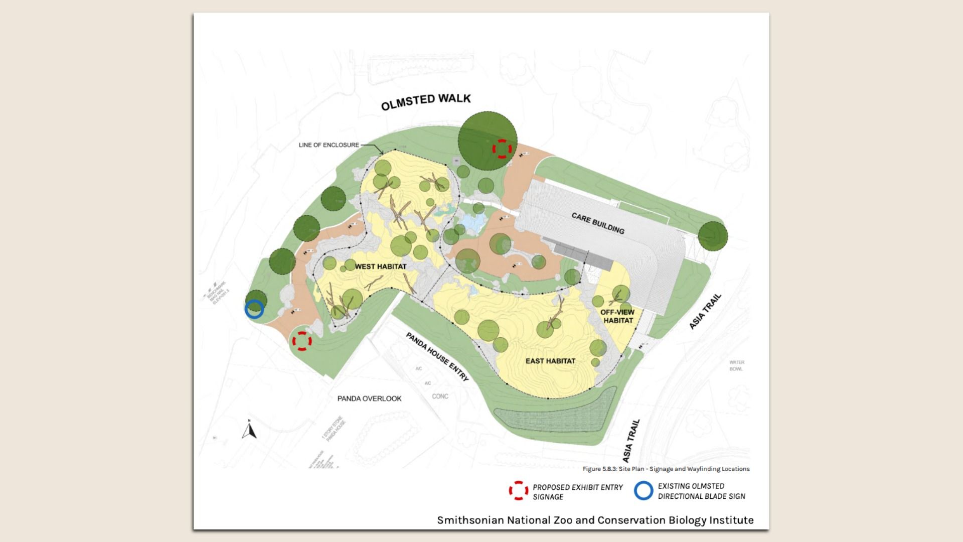 Site plan titled "Olmsted Walk" for Smithsonian National Zoo. Shows East Habitat, West Habitat, Panda House Entry, Panda Overlook, Care Building, and Asia Trail, with trees, lawns, and winding paths.