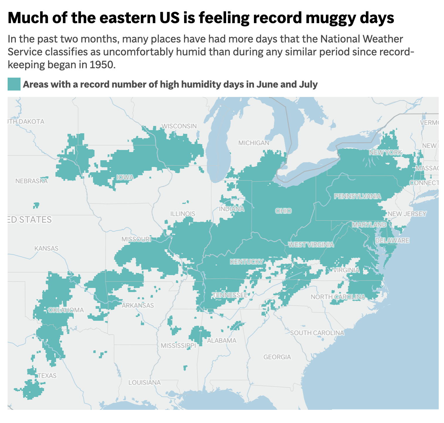 Map showing eastern US states with record high humidity days in June and July, including Pennsylvania, Ohio, Kentucky, Indiana, Tennessee, Maryland, West Virginia, and parts of Oklahoma and Texas, highlighted in teal.
