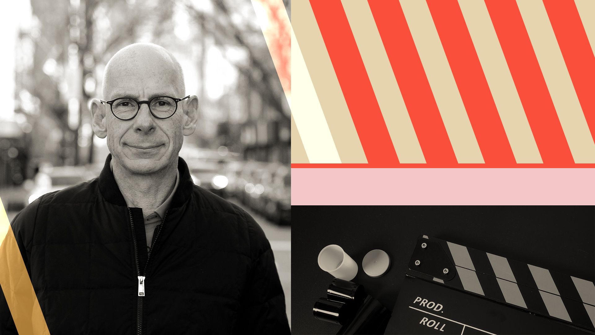 Photo illustration of James Goldston surrounded by abstract shapes and a photo of a clapper board.