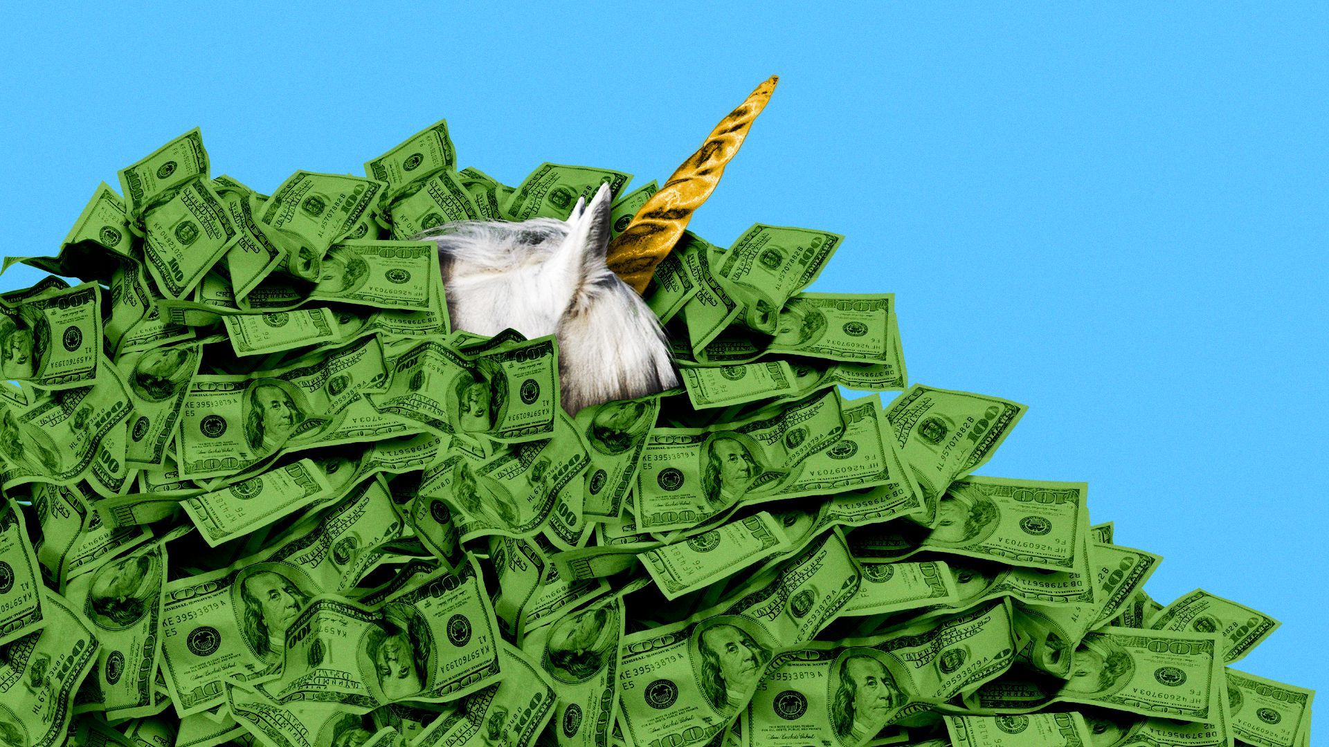 Illustration of a unicorn horn sticking out of a pile of cash.