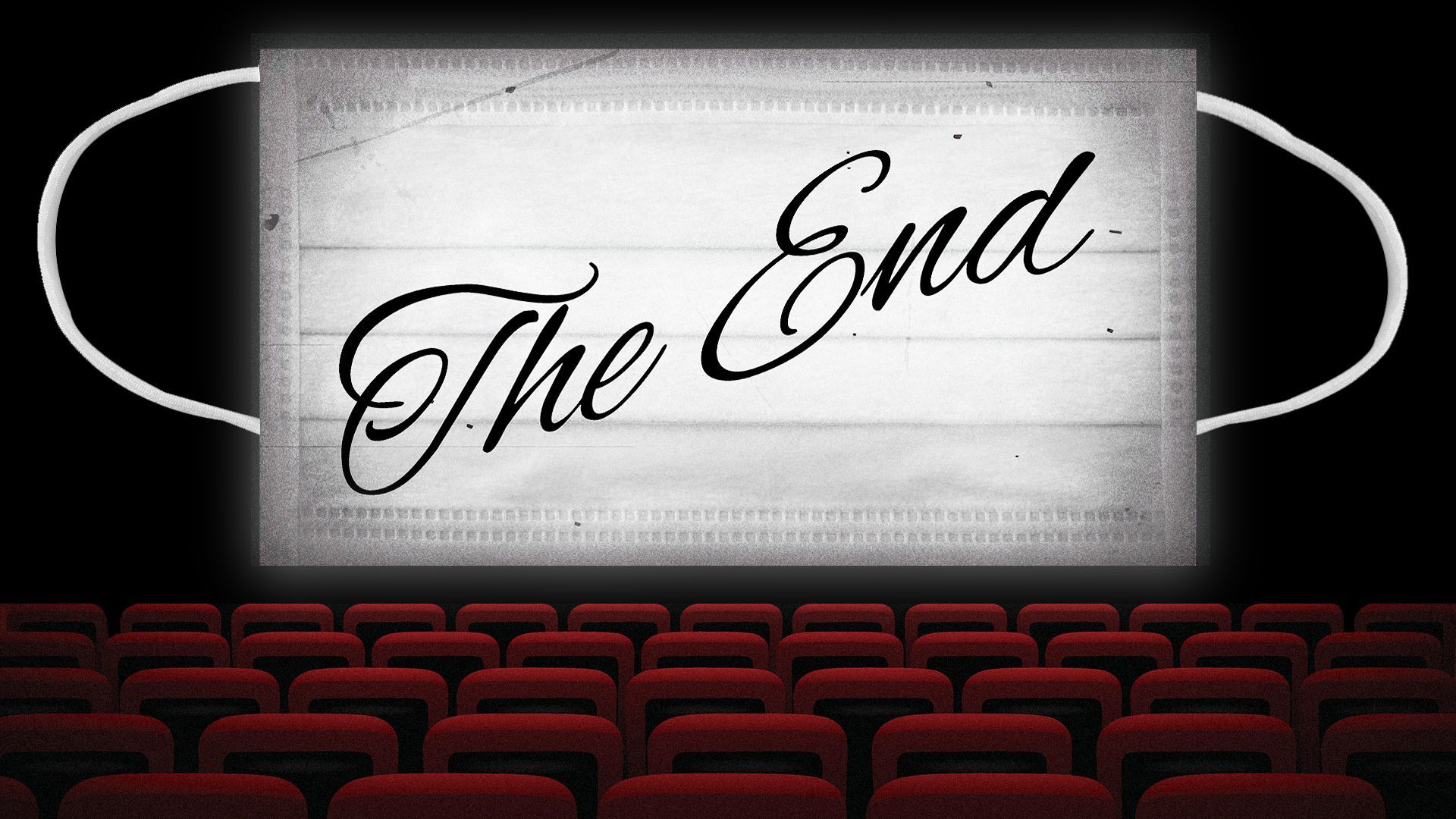 Illustration of a movie theater screen made from a face mask displaying the words "The End"