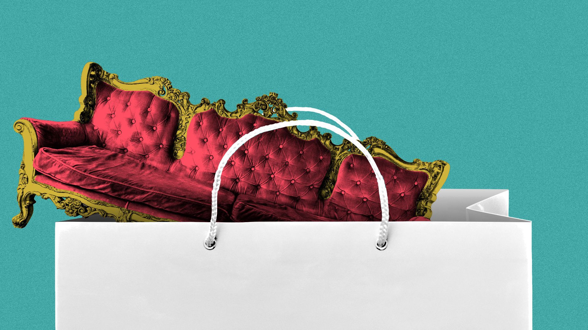 Illustration of an antique couch sticking out of a shopping bag.