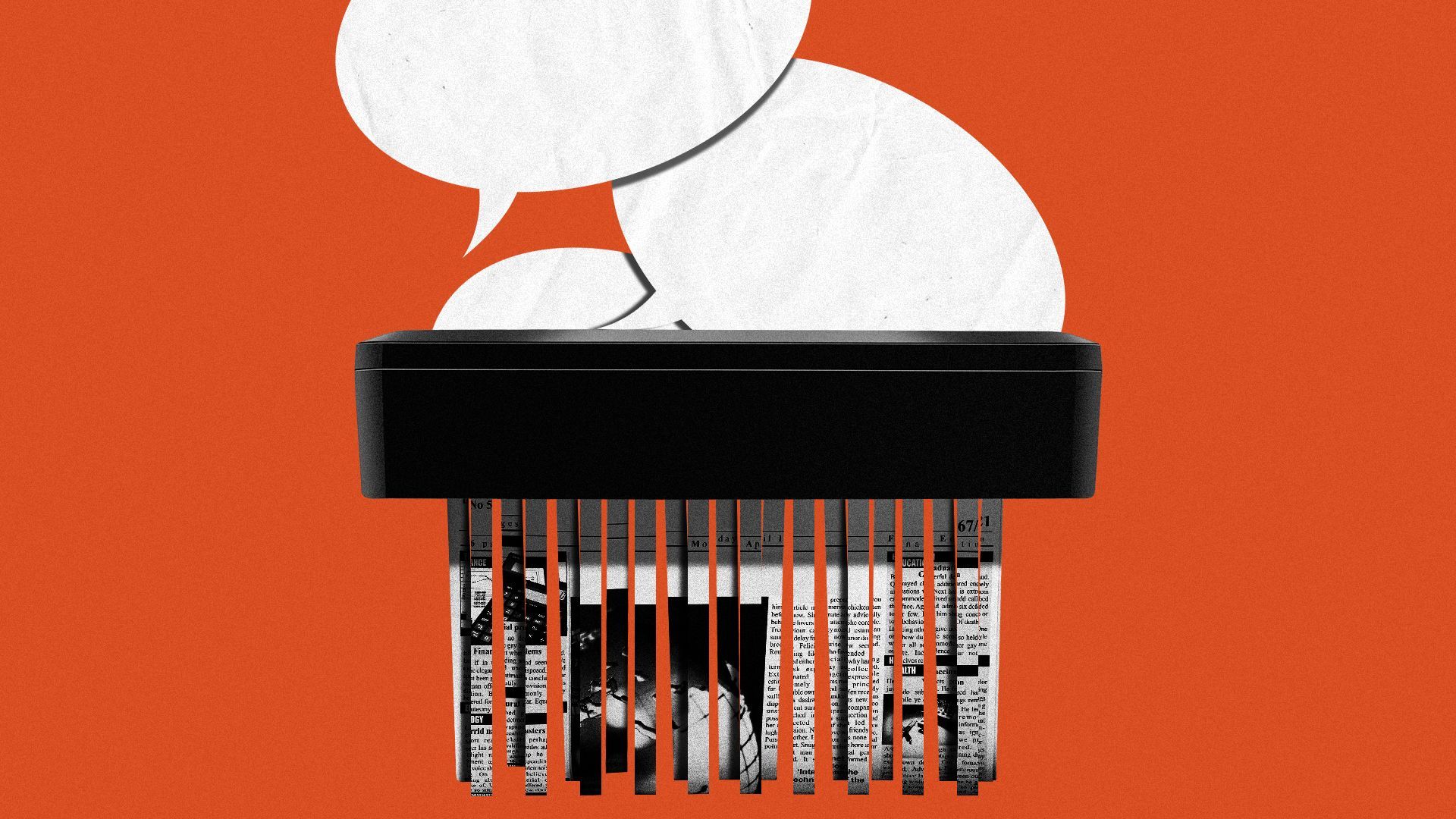 Illustration of speech bubbles being sent through a paper shredder.