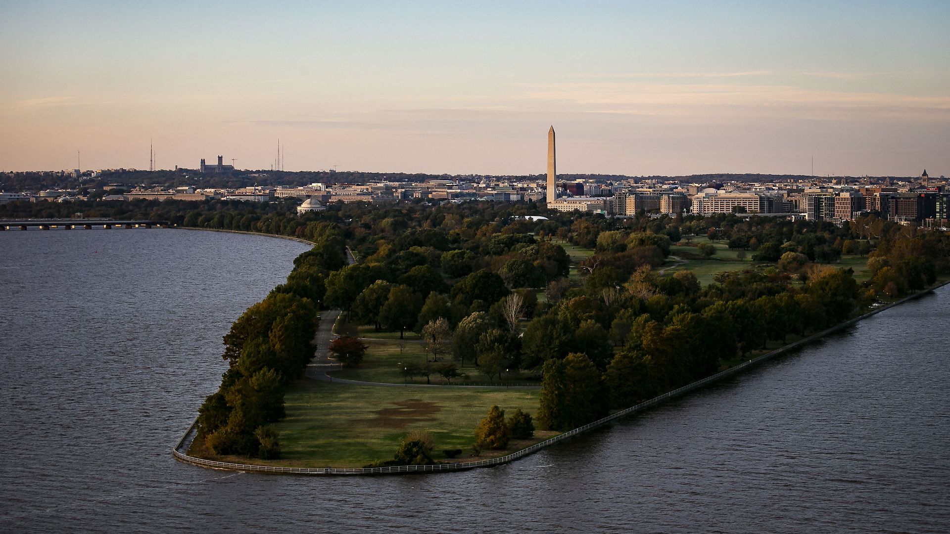 An aerial of East Potomac Park, with the Washington Monument in th background