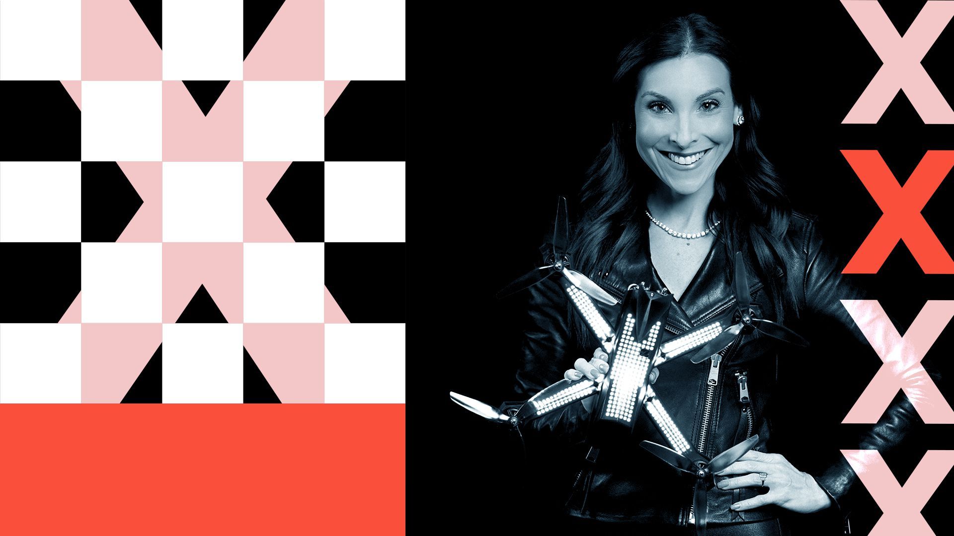 Photo illustration of Rachel Jacobson with abstract shapes.