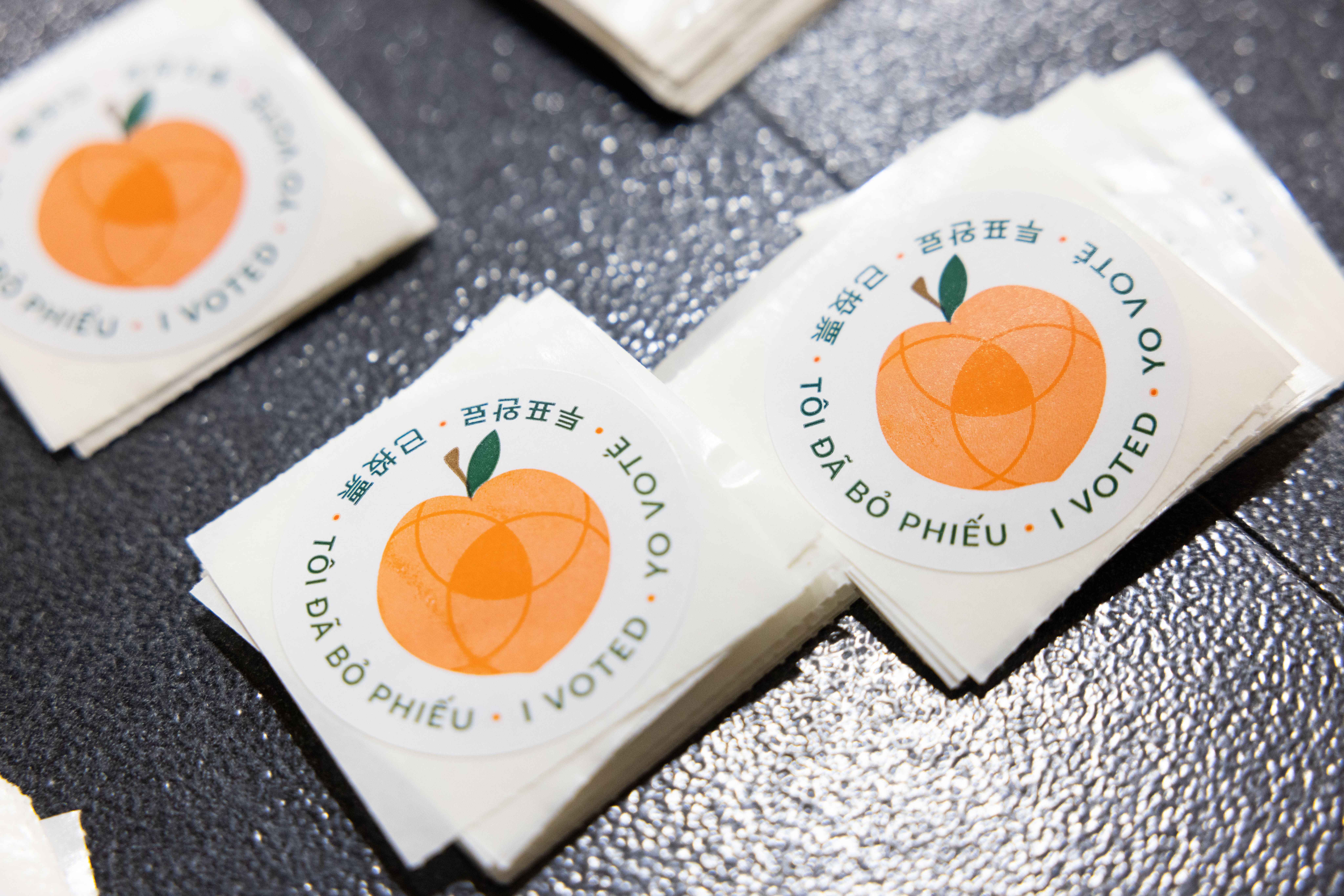 Photo shows a peach sticker for Georgia.