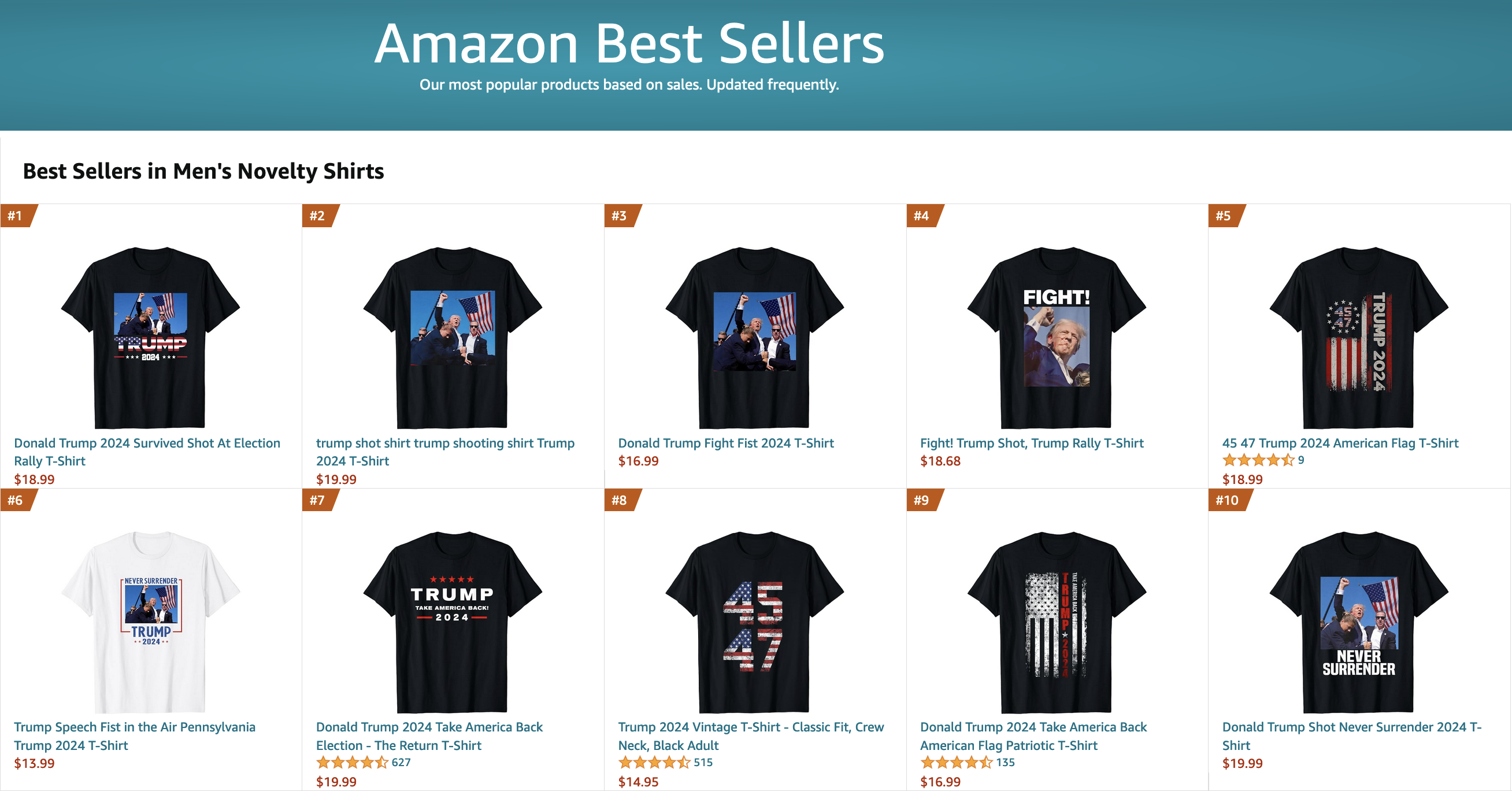 Novelty t-shirts showing different images of Trump. 