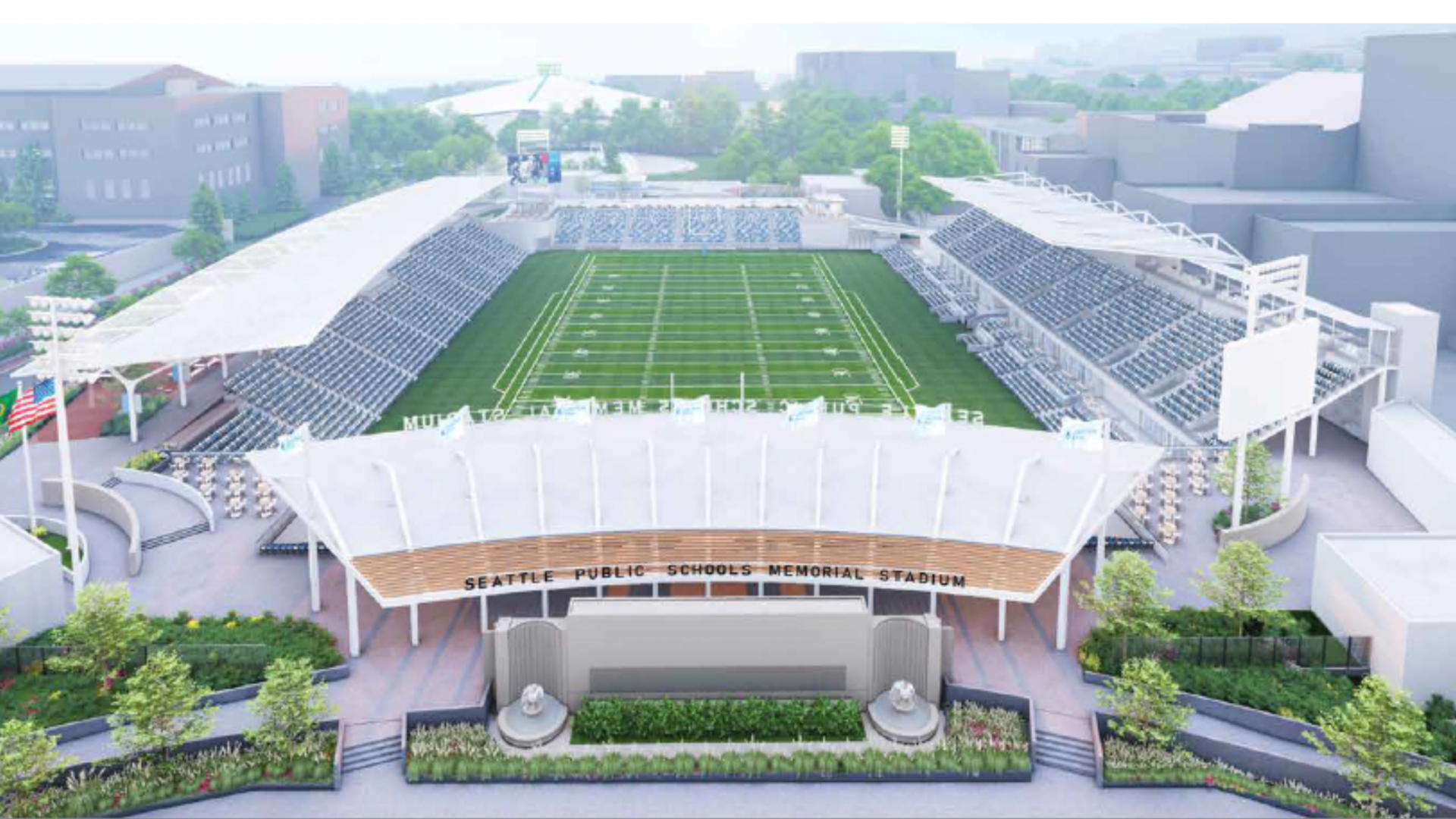 A rendering of a renovated Memorial Stadium with covered bleacher seating and wide open green field.
