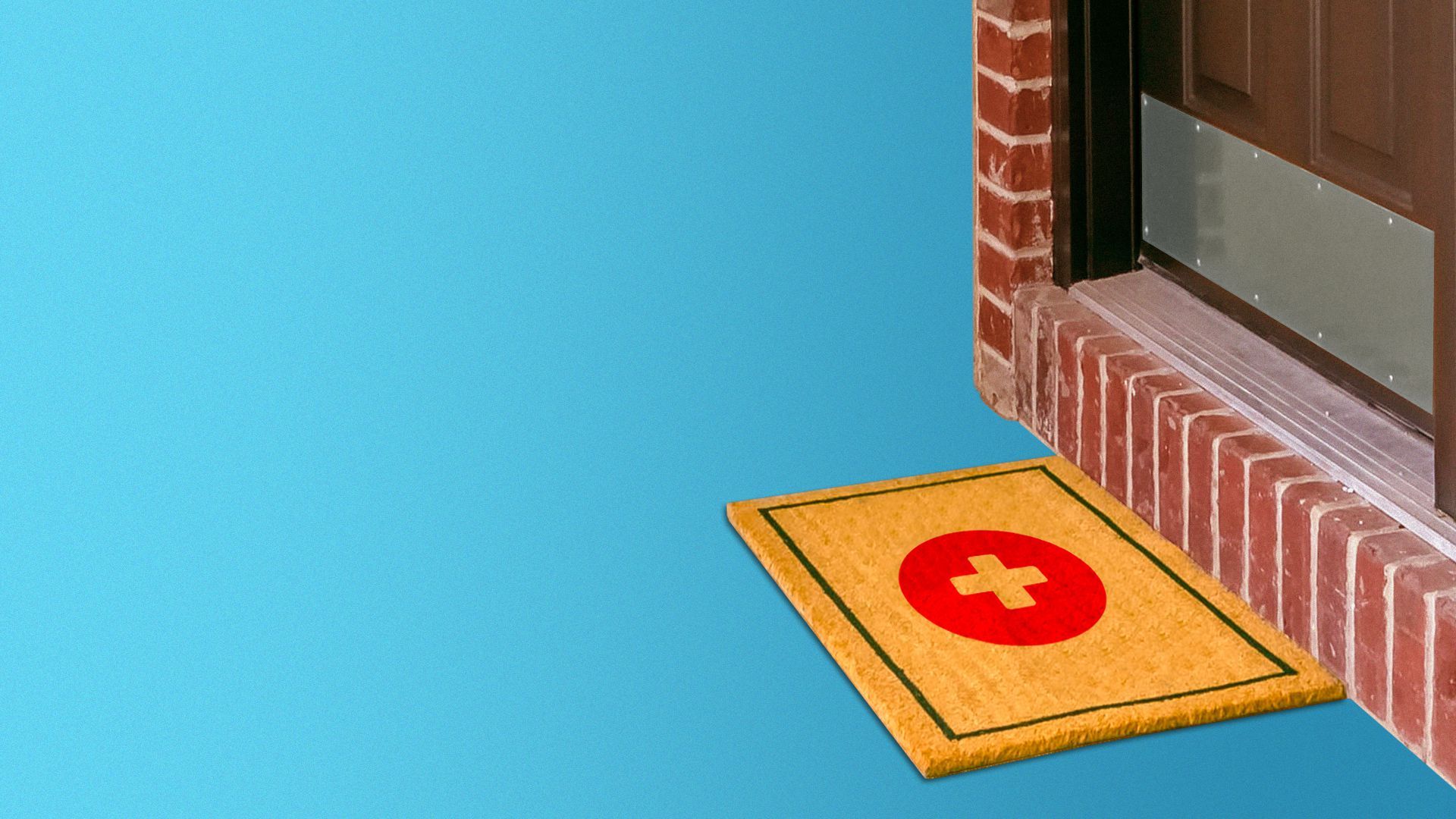 Illustration of a doormat with a red cross outside a front door.