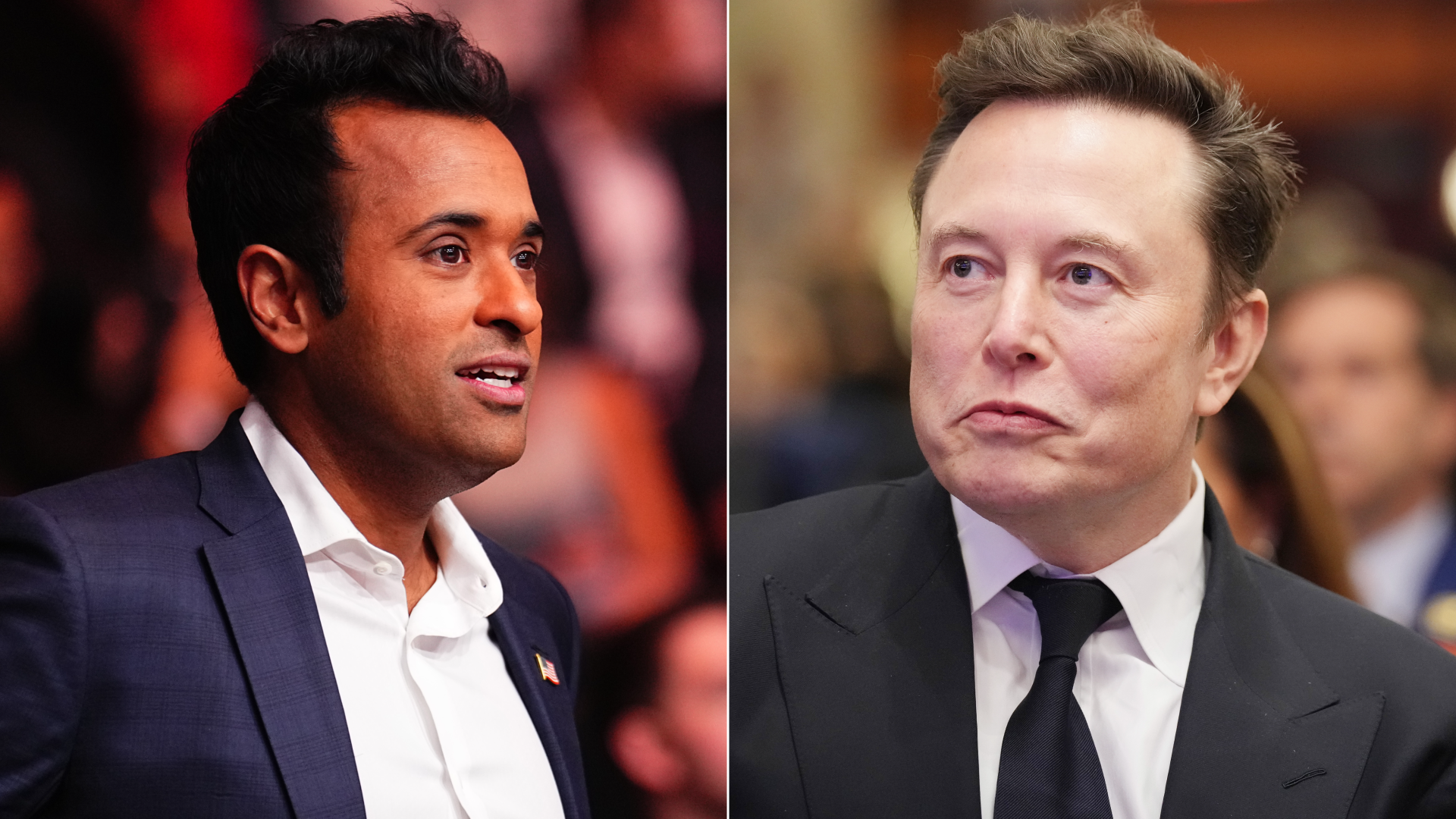 Vivek Ramaswamy and Elon Musk in side by side photo collage
