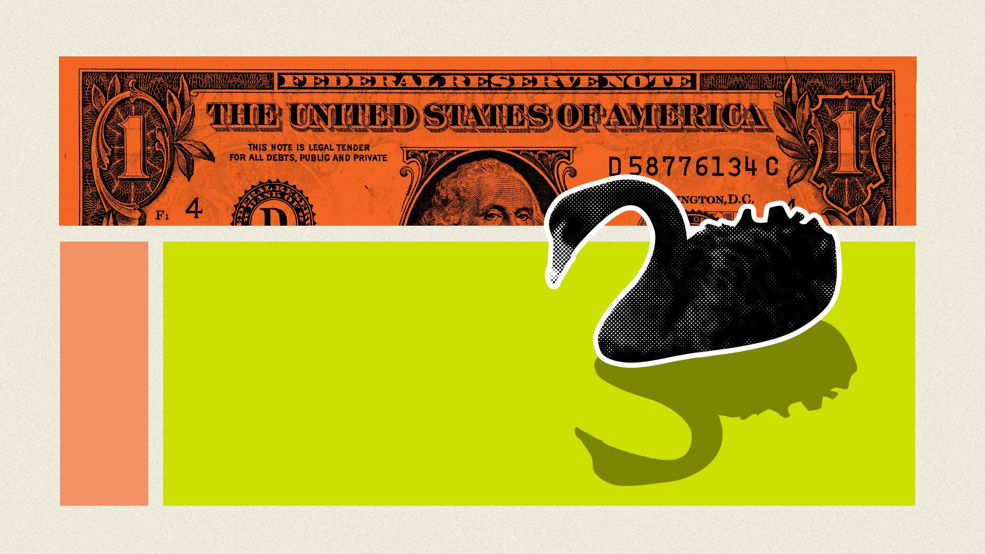 Illustration of a black swan and a dollar bill. 
