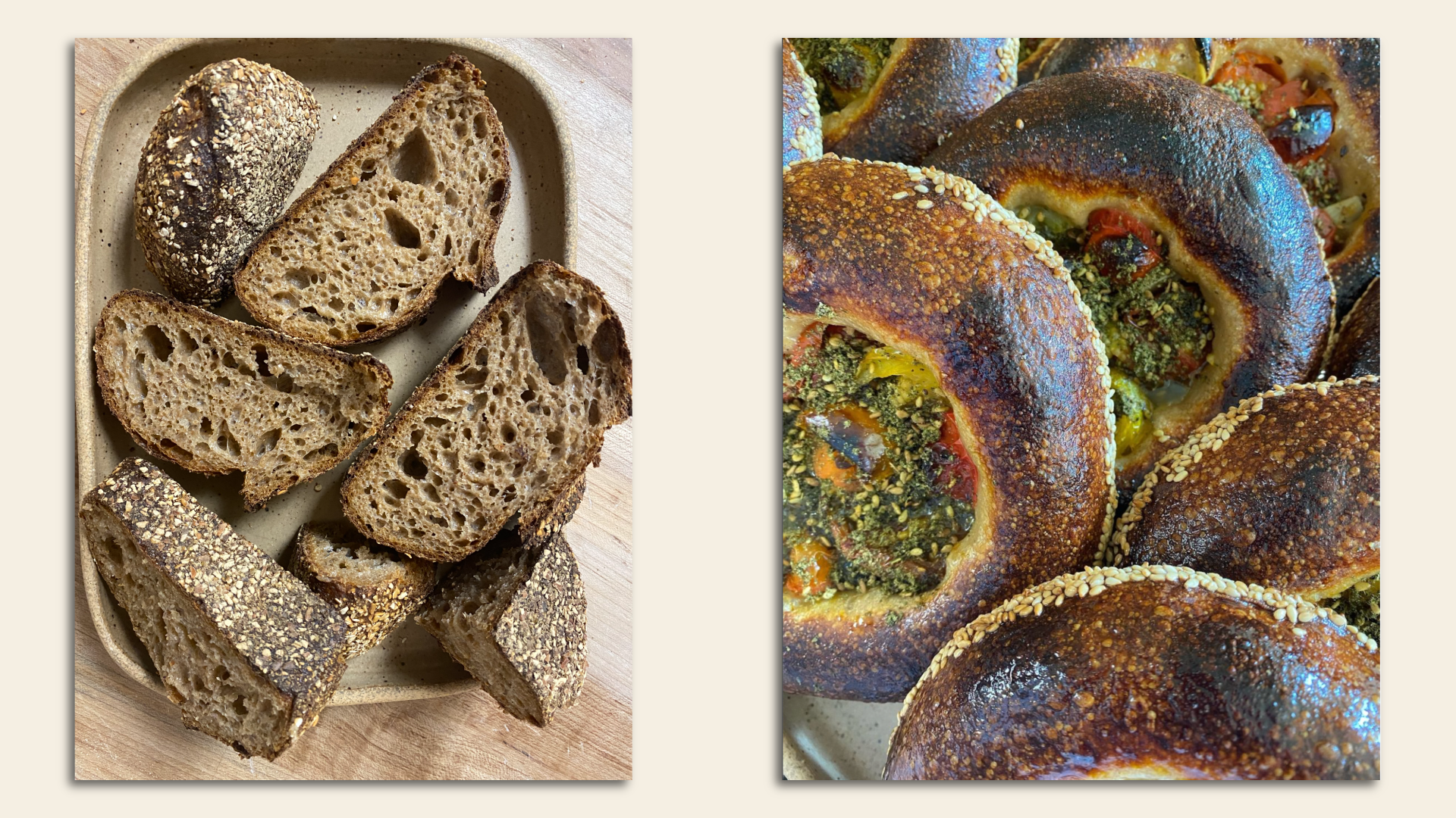 Sliced bread on a tray (left) and bialys