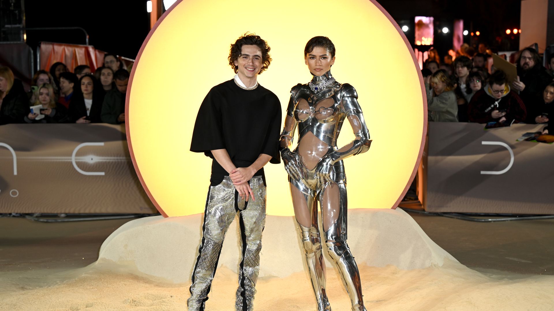 Timothée Chalamet and Zendaya attend the World Premiere of "Dune: Part Two" in Leicester Square on February 15, 2024 in London, England