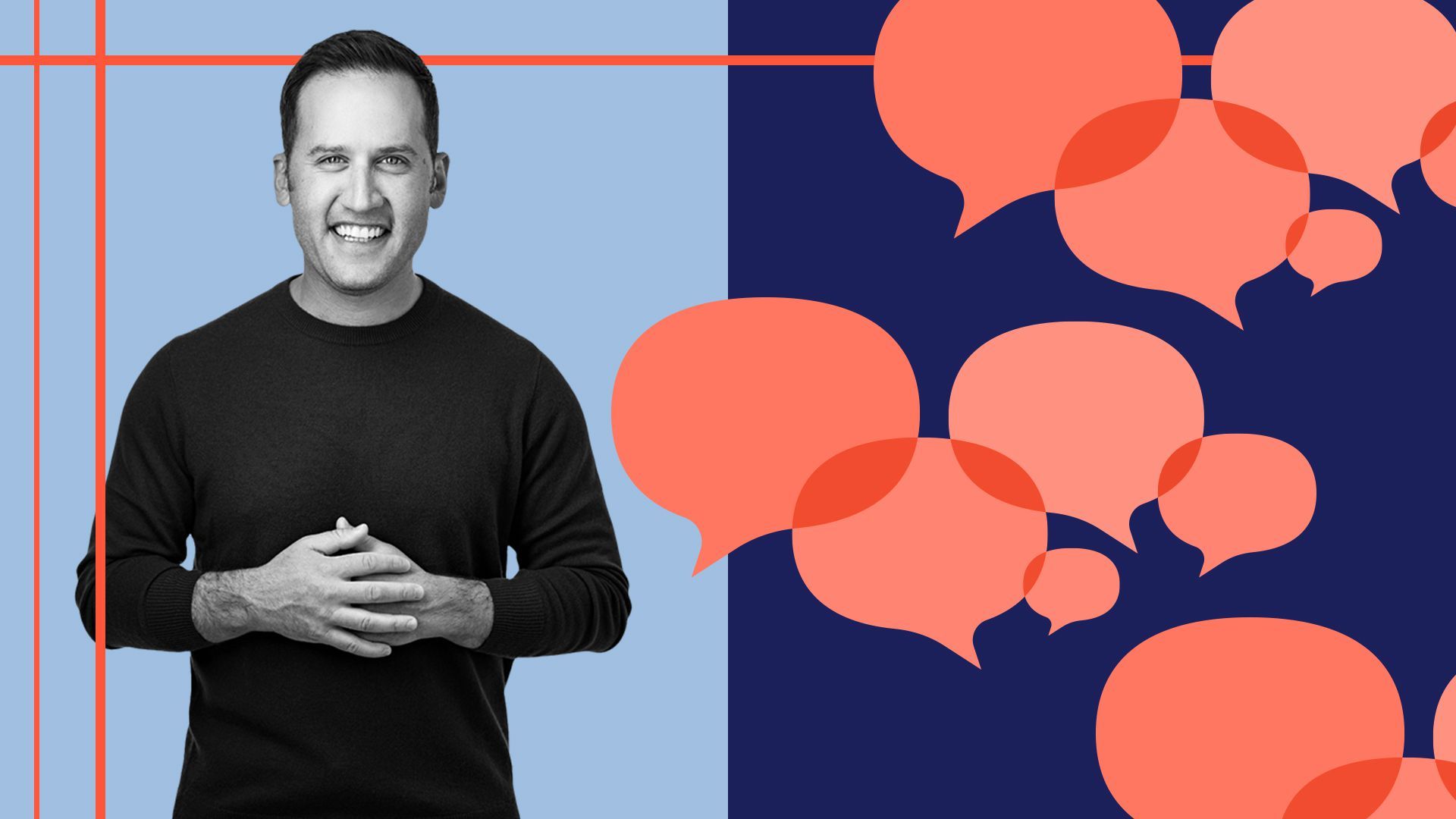 Photo illustration of Michael Mignano next to a speech bubble pattern.