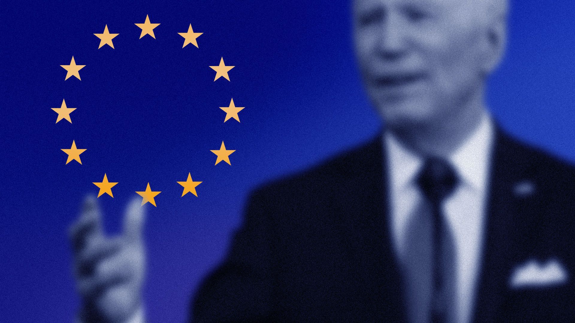 Photo illustration of a blurry President Biden with the EU stars in the background