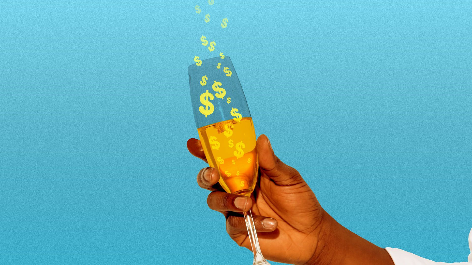 Illustration of a hand holding up a champagne glass with dollar sign bubbles