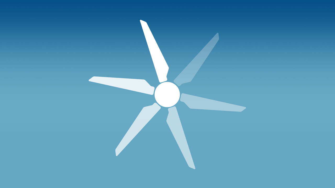 Animated illustration of a wind turbine symbol with rotating opacity on six blades, animated to resemble a circular computer loading icon