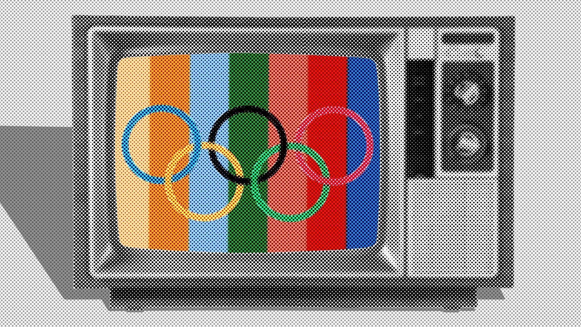 Illustration of an old-fashioned television with colored bars on it and the Olympic logo