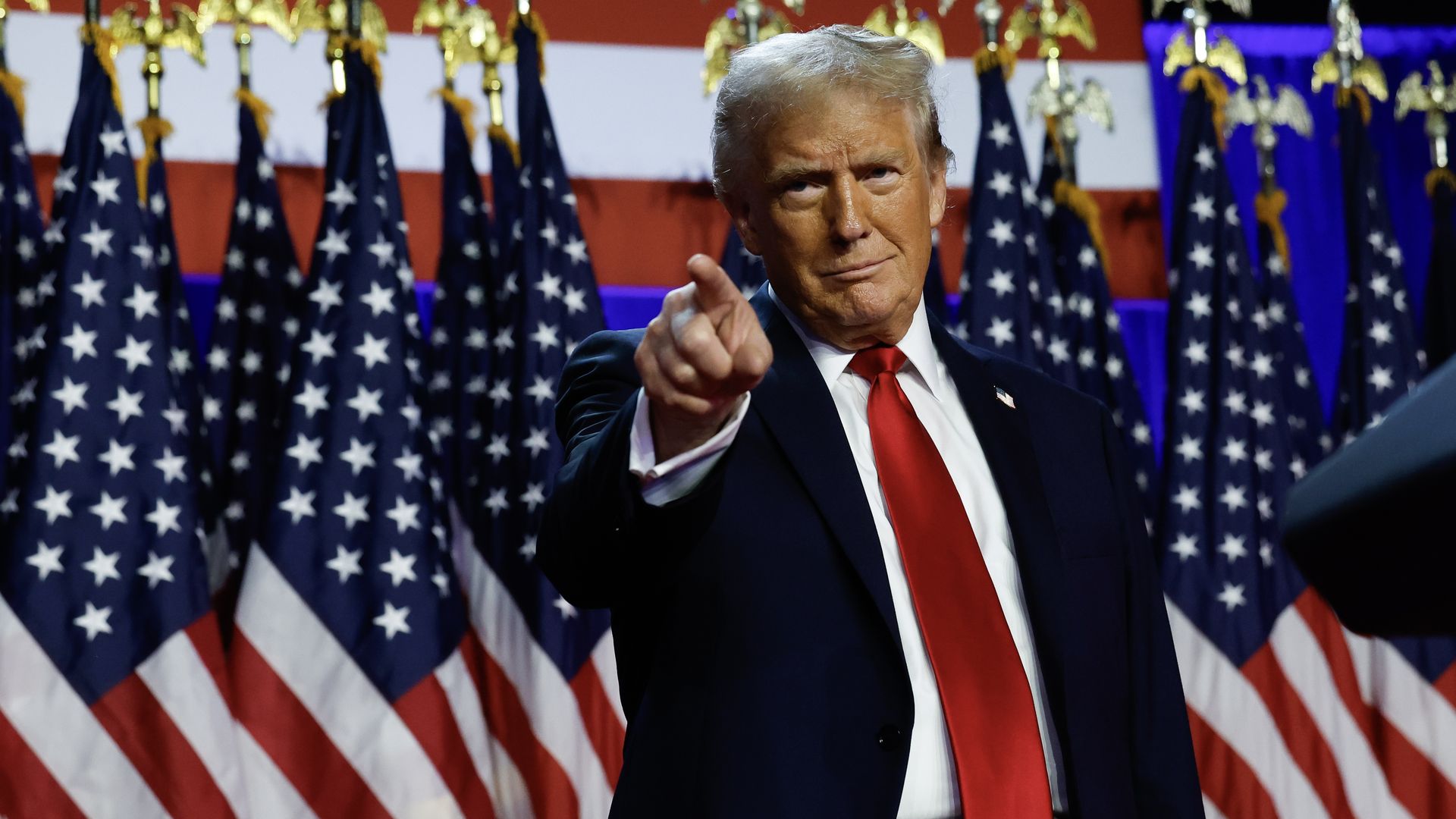 Trump arrives to speak during an election night event at the Palm Beach Convention Center on November 06, 2024 in West Palm Beach, Florida. Americans cast their ballots today in the presidential race between Republican nominee former President Donald Trump and Vice President Kamala Harris, as well 