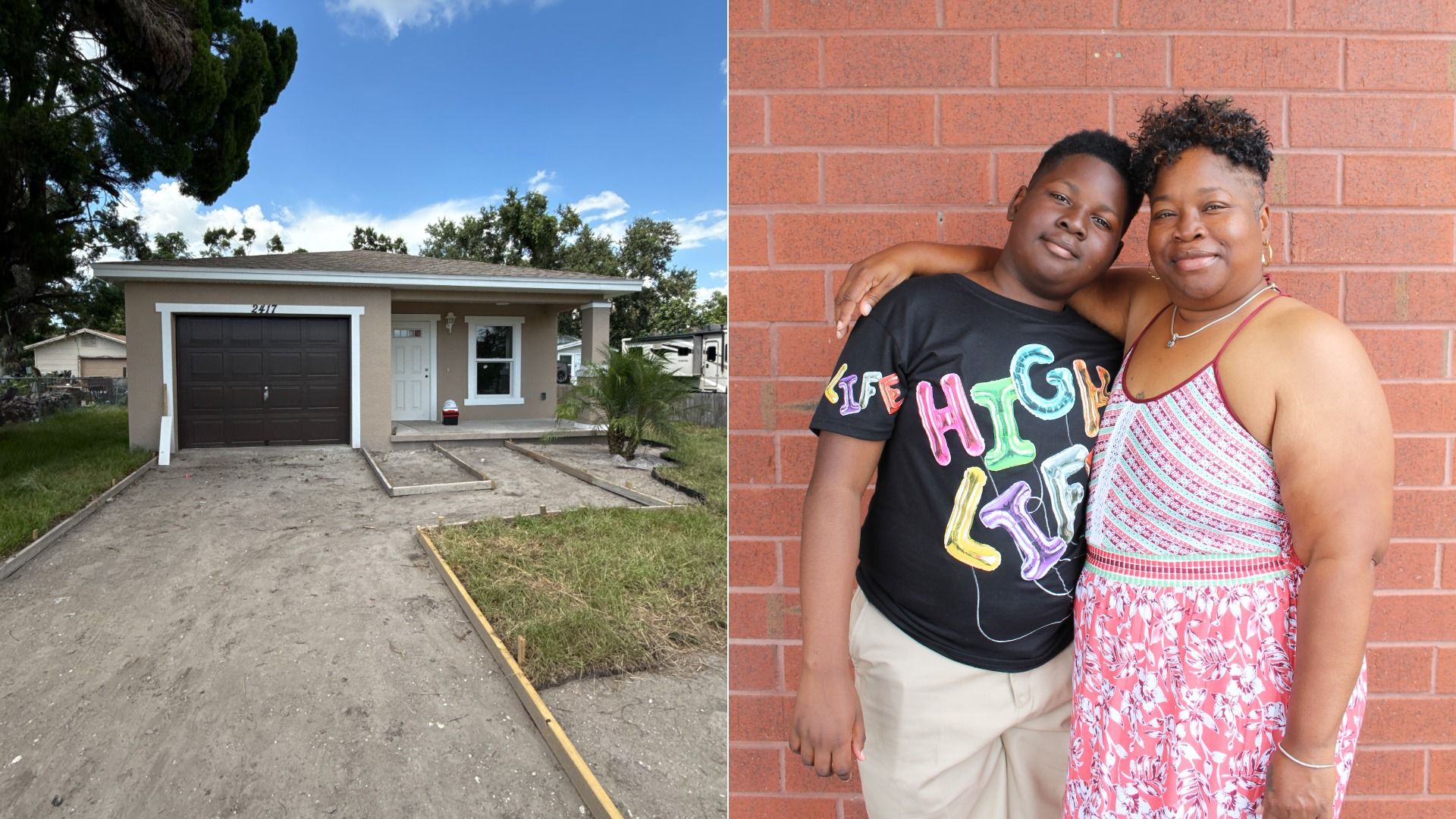 Split image: left shows a small beige house with a black garage door, unpaved driveway under construction; right shows a woman in a pink floral dress hugging a boy in a colorful shirt, smiling at camera.