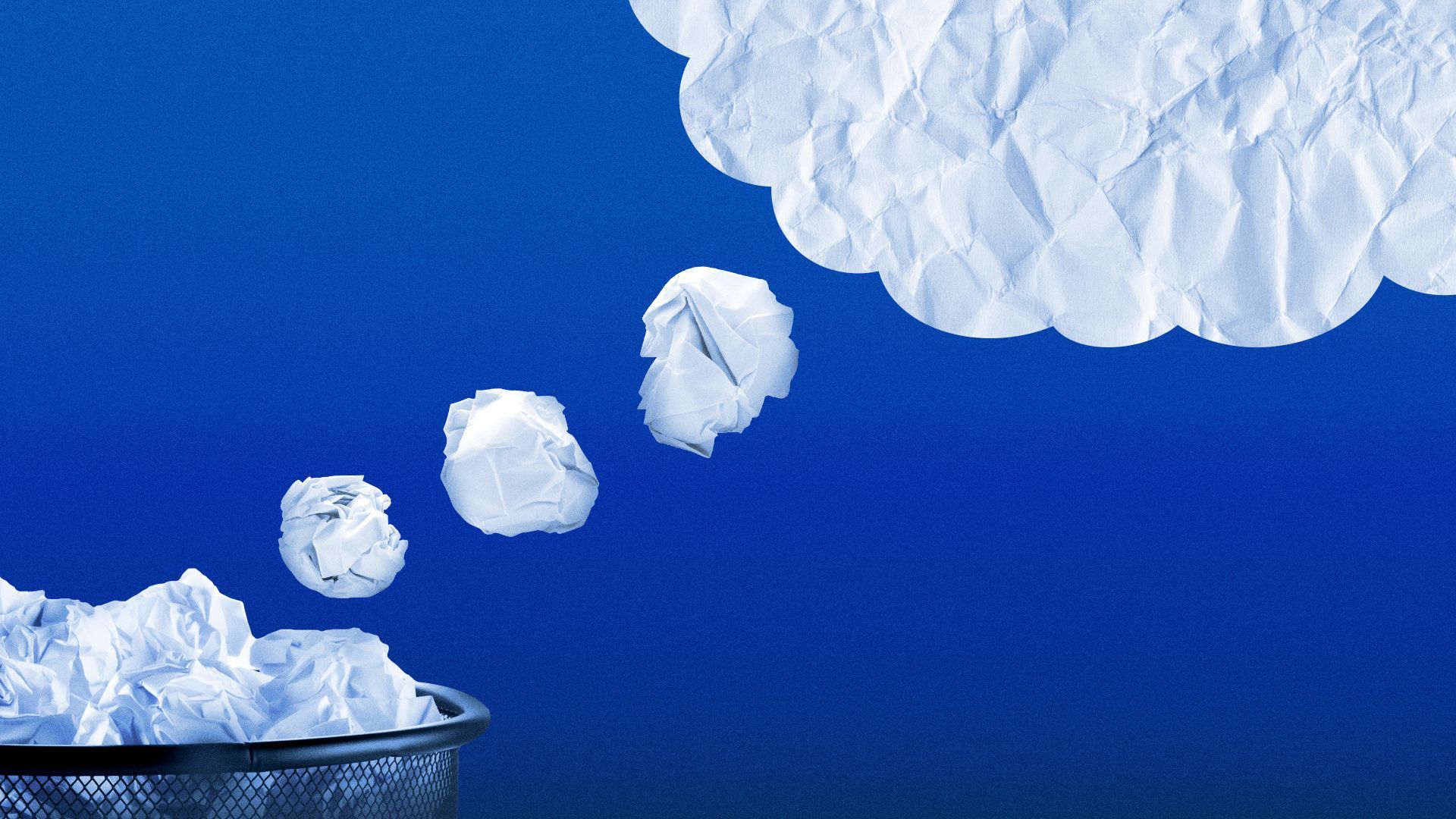 Illustration of a trash can filled with crumpled papers forming a thought bubble.
