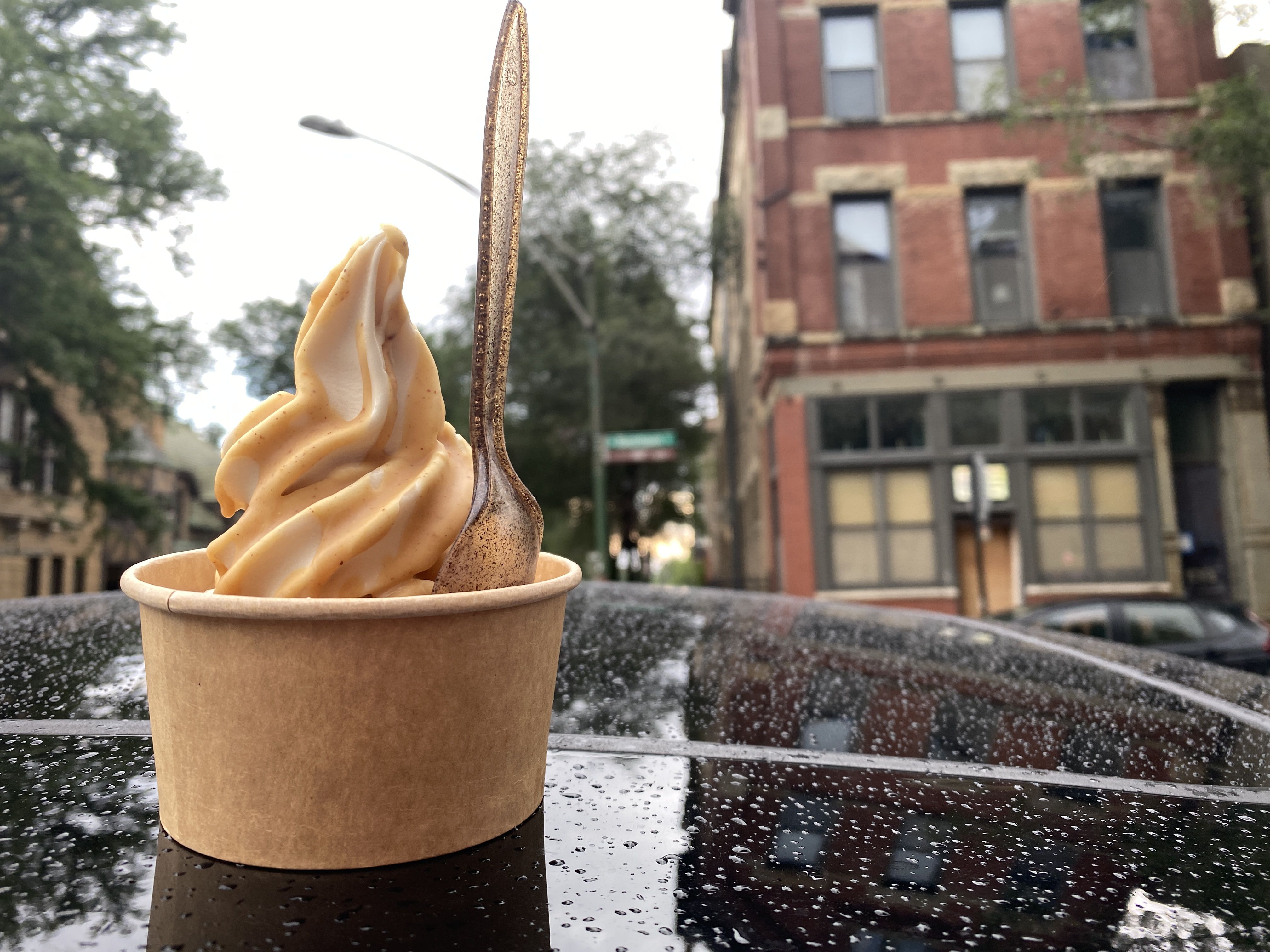Brown paper cup filled with swirl of ice cream covered in peanut butter sauce. 