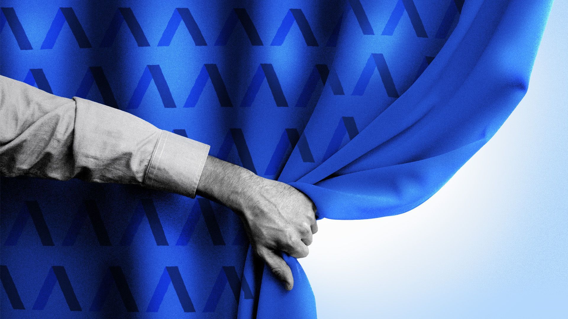 Illustration of a hand pulling back a blue curtain with a recurring Axios logo across it
