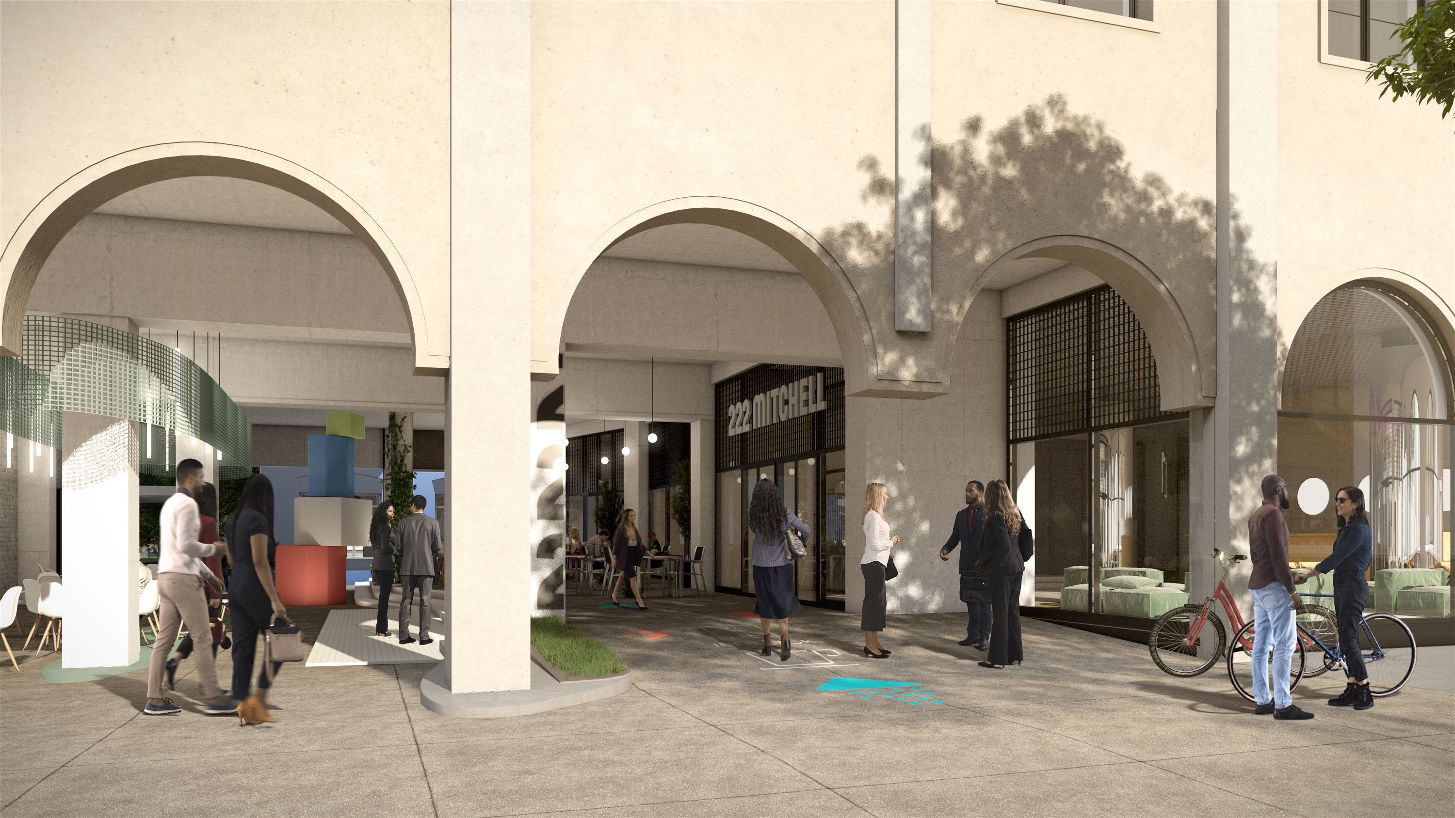 A rendering of the new facade with large archways at the redeveloped 222 Mitchell Street, a former bank building turned into retail and offices