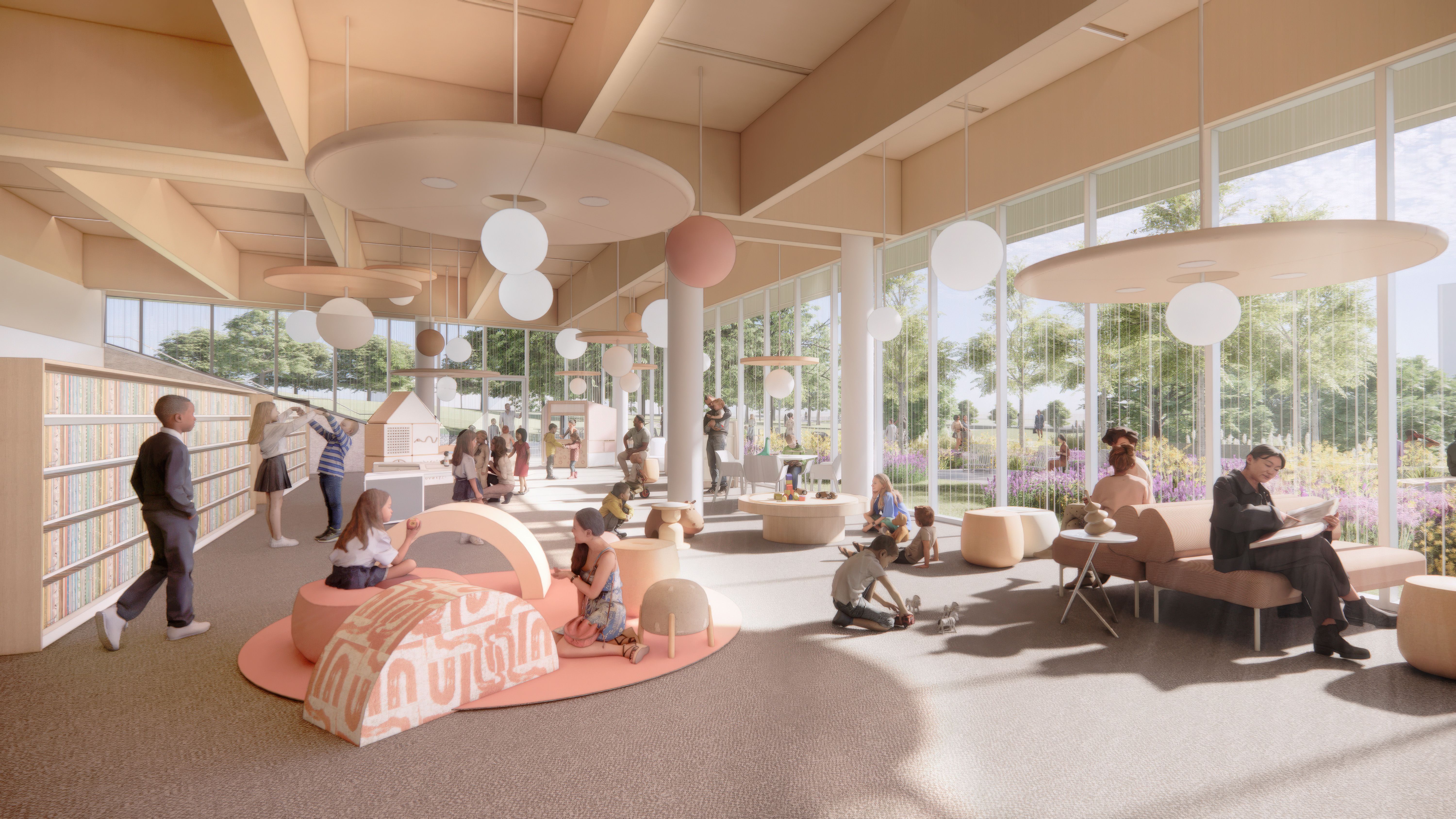 Bright, modern library with beige and peach decor, large windows showing green trees, various people reading, children playing, and cozy seating areas under round pendant lights.