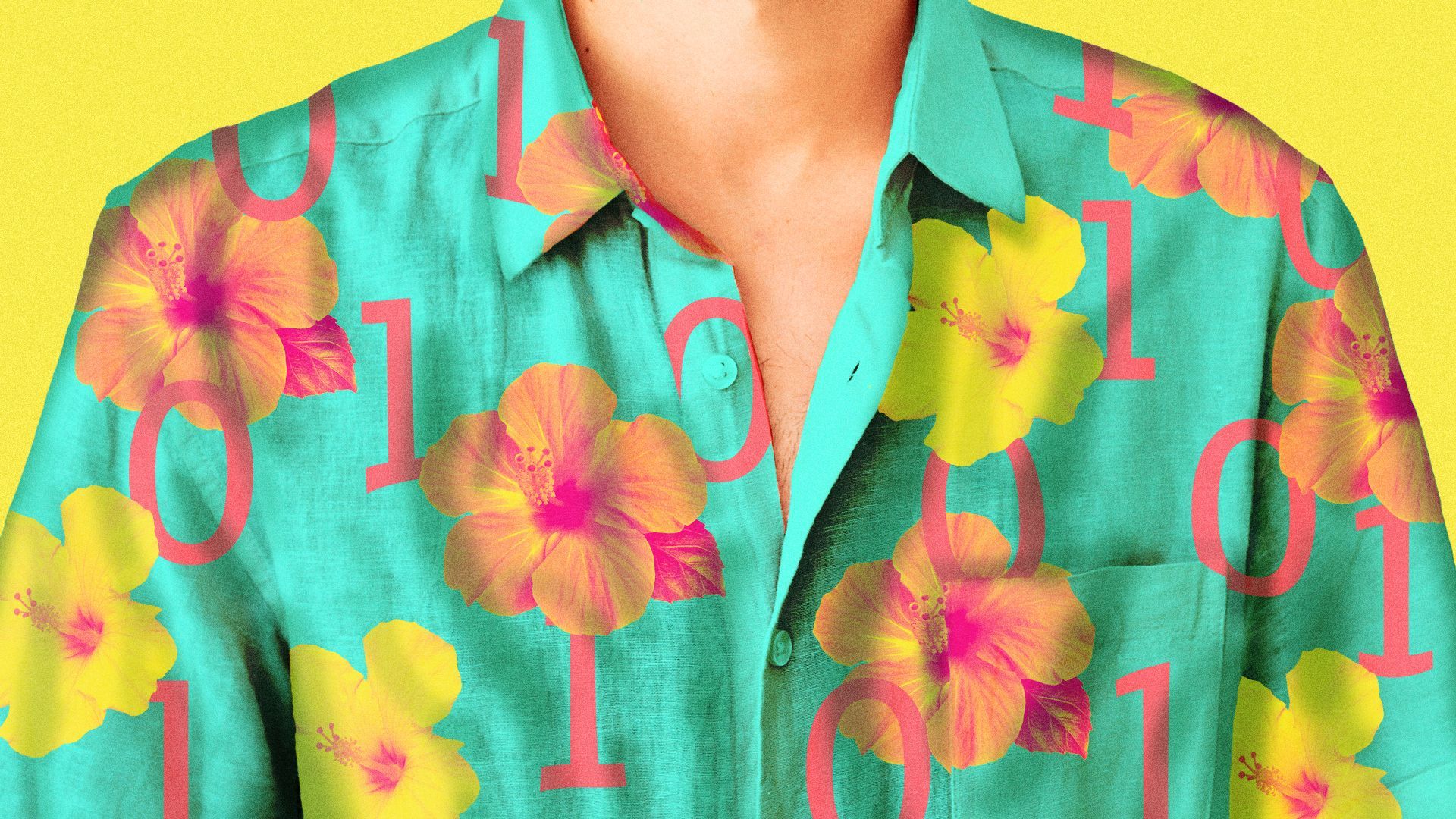 Illustration of a person wearing a Hawaiian shirt with binary code and hibiscus flowers.