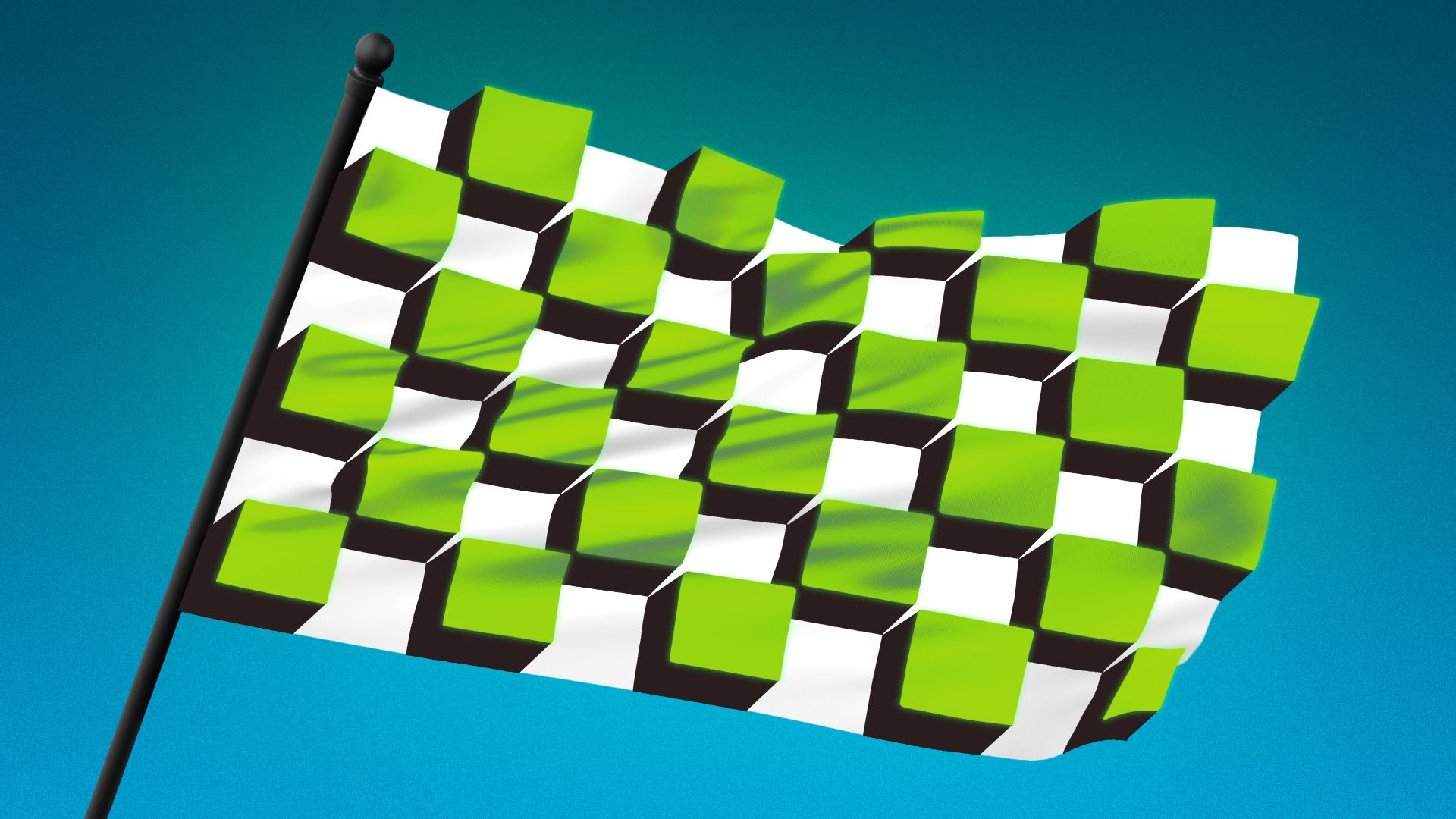 Illustration of a checkered race flag with neon green three-dimensional cubes in place of the flat black squares