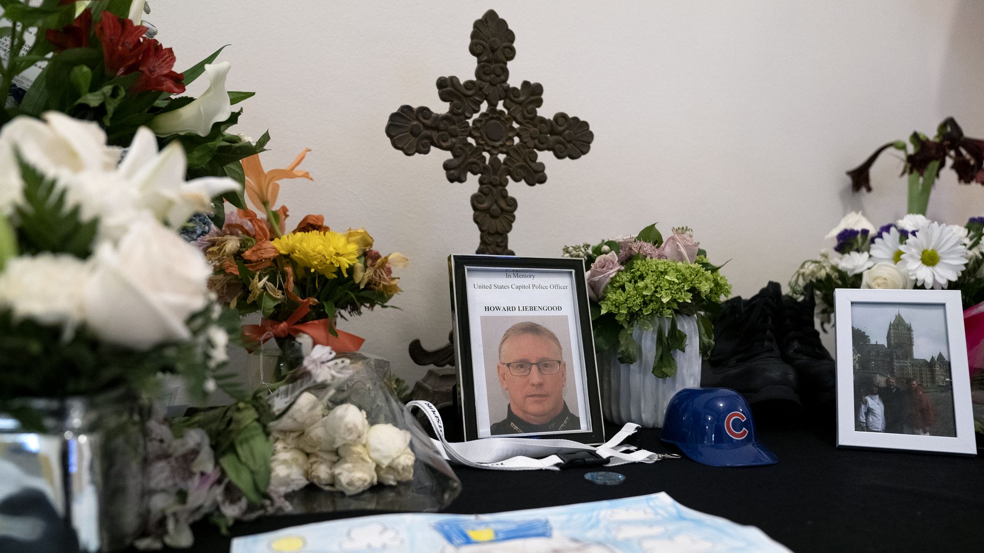 A memorial to Capitol Police Officer Howard Liebengood on display in the  Russell Senate Office Building on Capitol Hill in January.