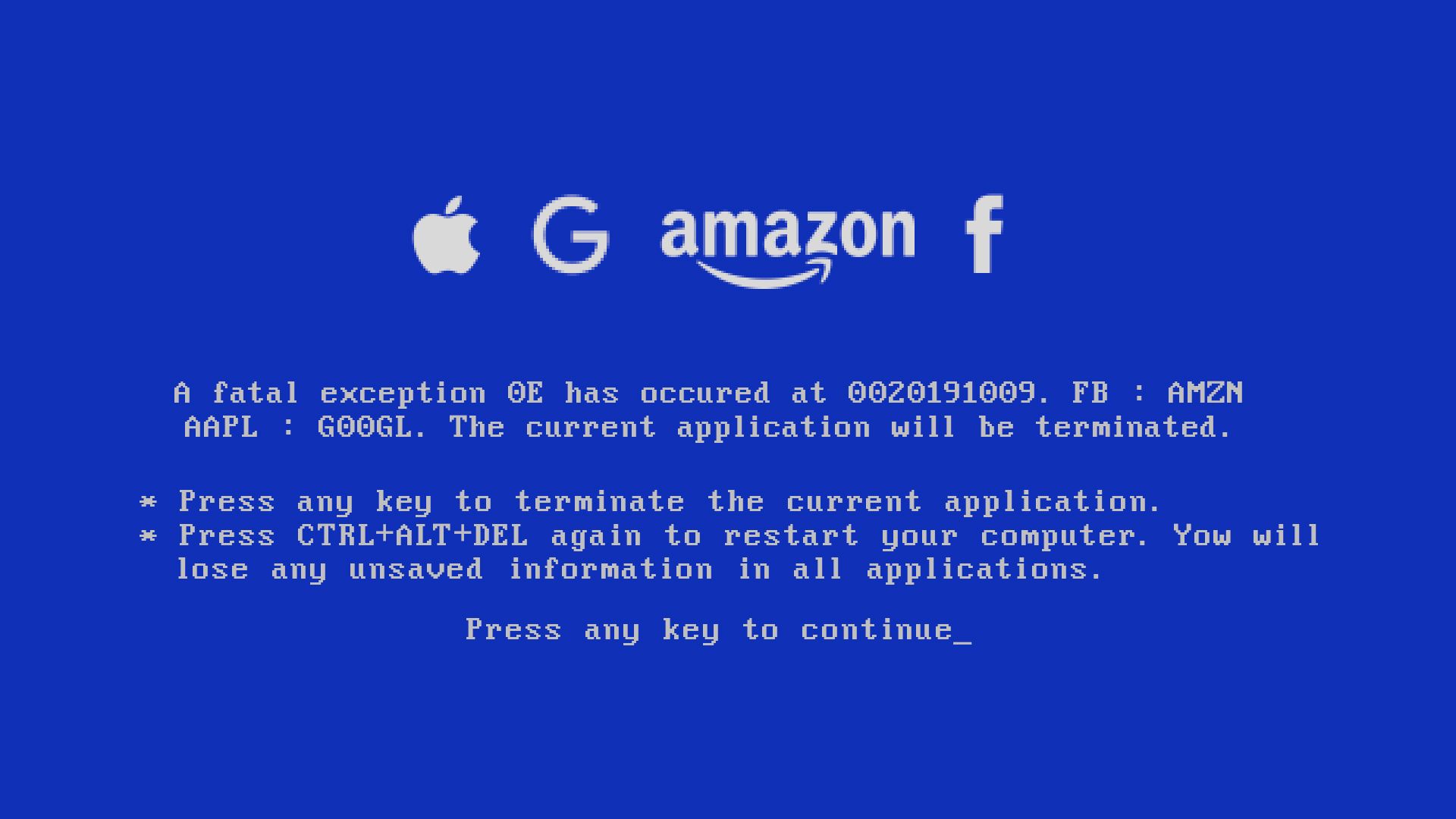 Blue screen of death featuring the Facebook, Apple, Amazon, and Google logos.