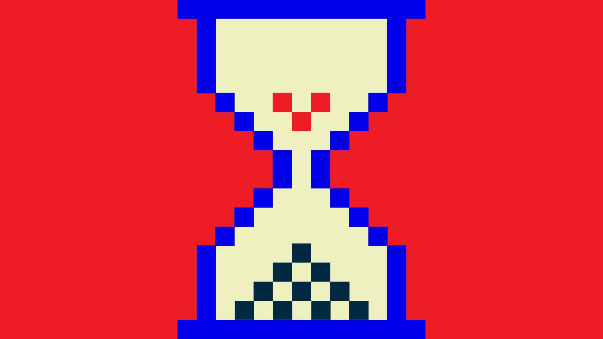 Illustration of a pixelated hourglass with pixels falling through it 