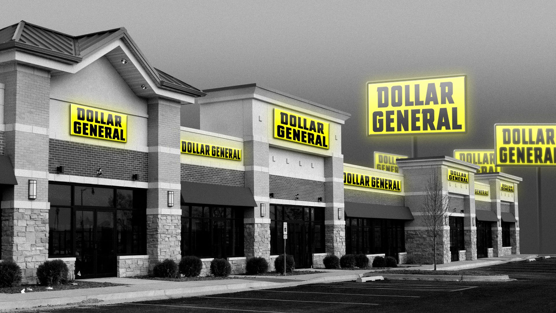 Illustration of a strip mall dominated by Dollar General signs