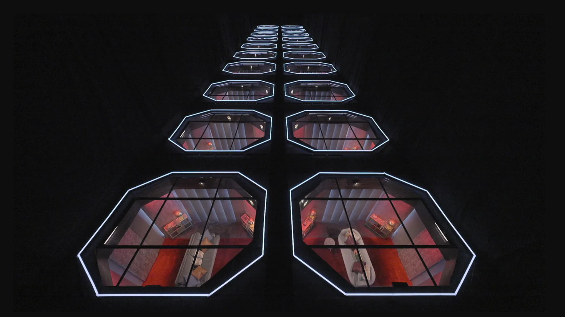 love is blind dating pods from above, with clear windows from the top