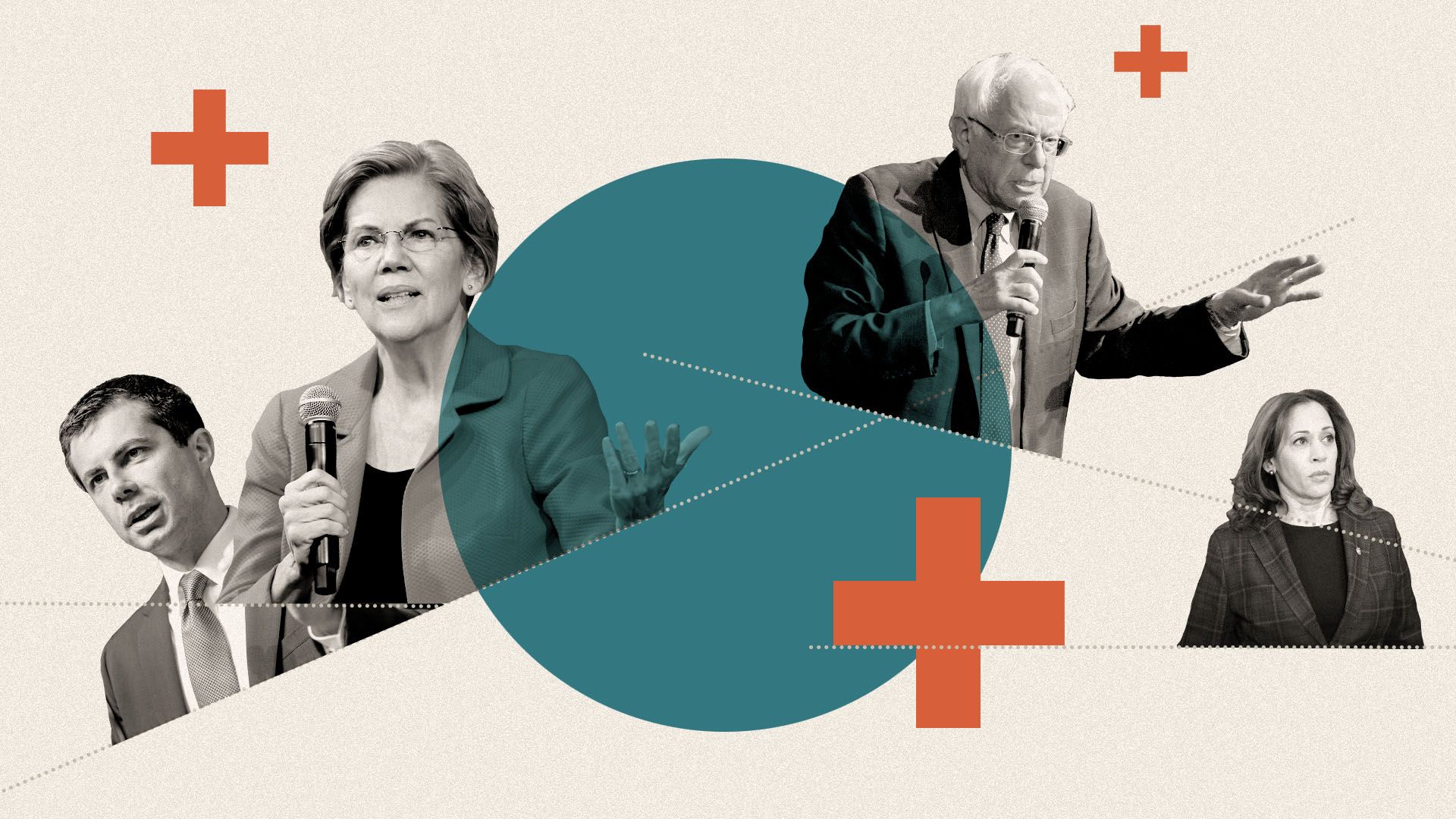 Photo illustration of Pete Buttigieg, Elizabeth Warren, Bernie Sanders, and Kamala Harris