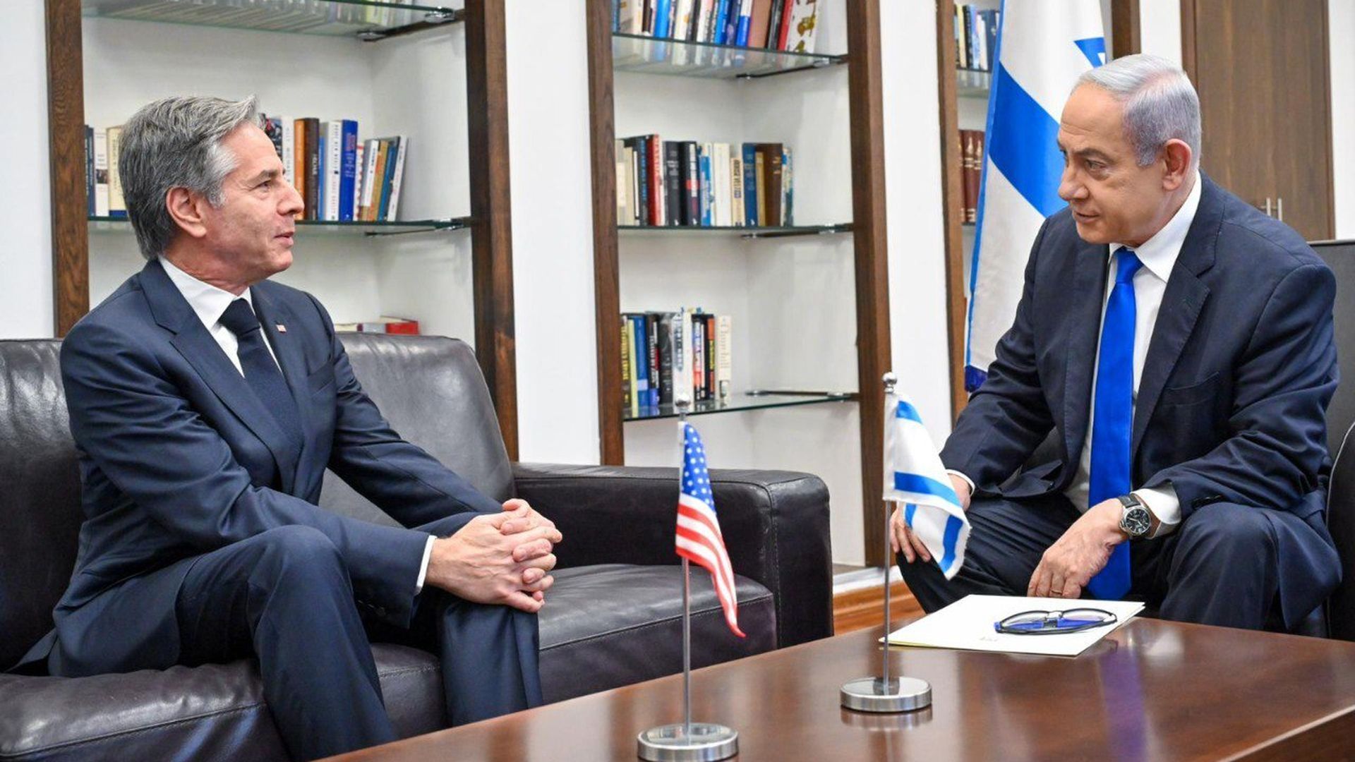 Israeli Prime Minister Benjamin Netanyahu welcomes the U.S. Secretary of State Antony Blinken (L) during his official visit as part of Middle East Tour, in Tel Aviv, Israel 