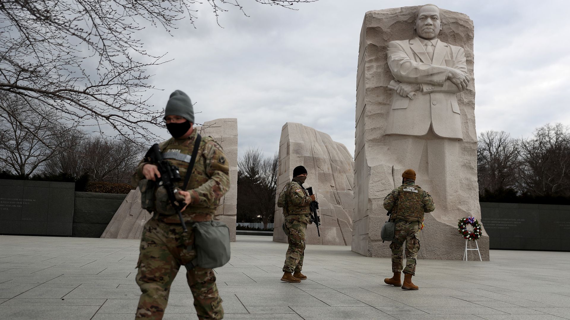 National Guardsmen are seen near the memorial in Washington to Dr. Martin Luther King Jr.