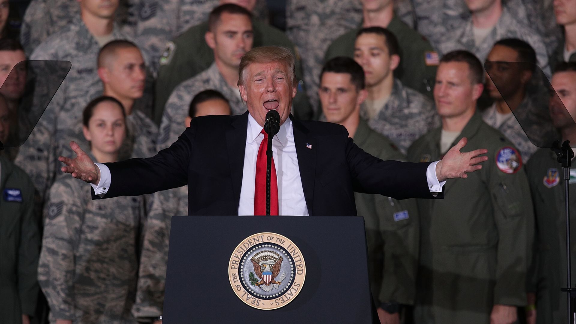 President Donald Trump speaks to Air Force personnel during an event September 15, 2017 at Joint Base Andrews in Maryland. 