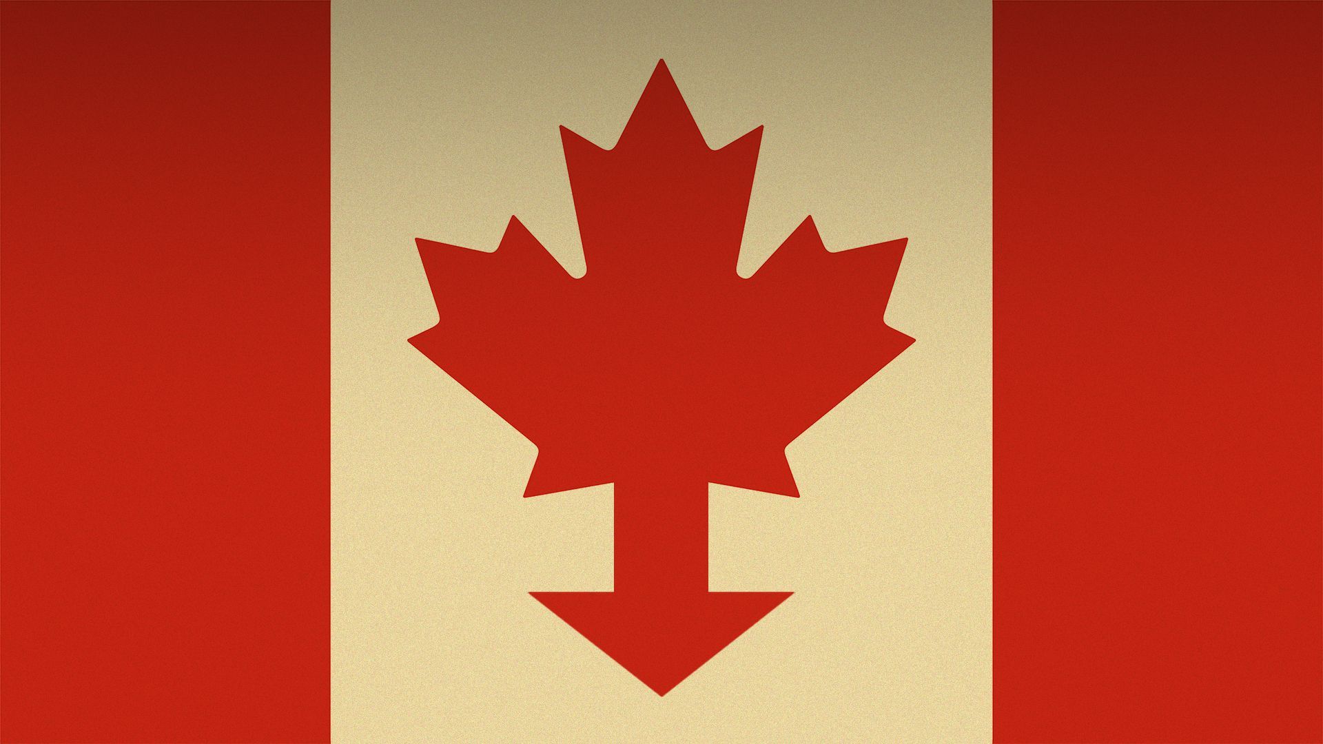 Illustration of the Canadian flag with a maple leaf appearing to have a downward pointing arrow for a stem